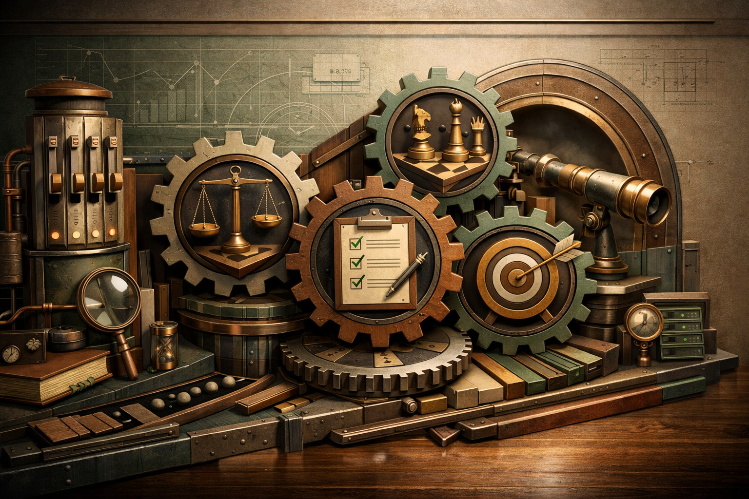 Cutaway blueprint environment revealing internal mechanics, precise geometry, and technical elegance. Article title: "Топ-5 браузеров с VPN и блокировкой рекламы в 2026". Section focus: "Критерии выбора: Фреймворк стратега". Concrete concept to visualize: Критерии, выбора, Фреймворк, стратега. Invent a specific metaphor tied to this section only; do not fall back to generic AI brains, neon circuits, or random dashboards. Color direction: sand beige, eucalyptus green, oxidized metal, dark walnut. Camera: side-on studio composition with dramatic rim light and subtle volumetric atmosphere. Use tactile materials, layered objects, visual hierarchy, and premium editorial polish like a cover story interior spread. No people, no faces, no hands, no readable UI text, no logos, no watermark, no empty dark voids. 16:9 landscape.