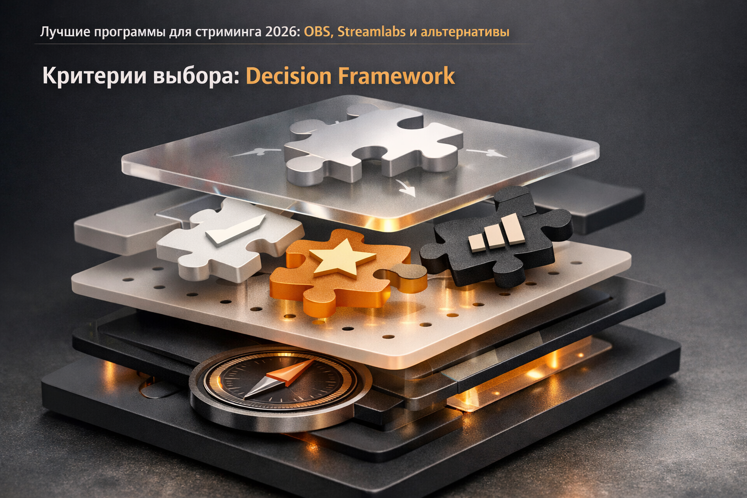 Exploded product architecture with floating layers, translucent materials, and magazine-grade diagram energy. Article title: "Лучшие программы для стриминга 2026: OBS, Streamlabs и альтернативы". Section focus: "Критерии выбора: Decision Framework". Concrete concept to visualize: Критерии, выбора, Decision, Framework. Invent a specific metaphor tied to this section only; do not fall back to generic AI brains, neon circuits, or random dashboards. Color direction: soft graphite, amber highlights, porcelain white, matte black. Camera: close-up 50mm product editorial shot, shallow depth but readable scene hierarchy. Use tactile materials, layered objects, visual hierarchy, and premium editorial polish like a cover story interior spread. No people, no faces, no hands, no readable UI text, no logos, no watermark, no empty dark voids. 16:9 landscape.