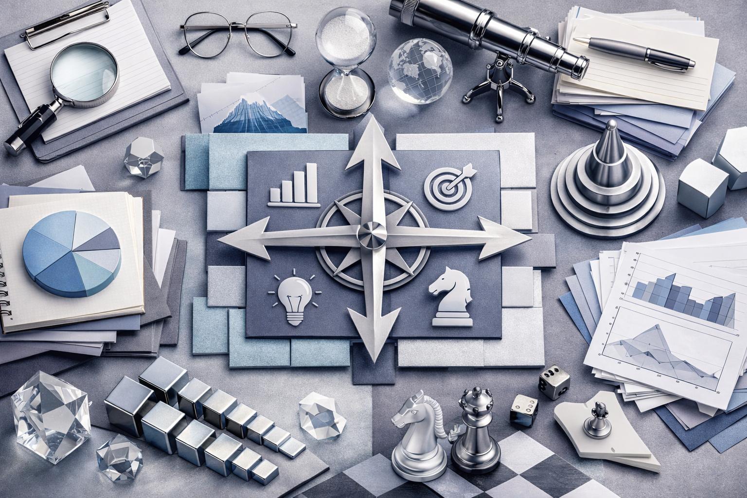 High-end desktop composition combining instruments, screens, and physical artifacts without readable interface text. Article title: "Лучшие медиаплееры для Windows 2026: VLC и 7 мощных альтернатив". Section focus: "Критерии выбора: Фреймворк стратегического анализа". Concrete concept to visualize: Критерии, выбора, Фреймворк, стратегического, анализа. Invent a specific metaphor tied to this section only; do not fall back to generic AI brains, neon circuits, or random dashboards. Color direction: ice blue, violet gray, polished chrome, cloud white. Camera: top-down flat lay with structured geometry and intentional rhythm between objects. Use tactile materials, layered objects, visual hierarchy, and premium editorial polish like a cover story interior spread. No people, no faces, no hands, no readable UI text, no logos, no watermark, no empty dark voids. 16:9 landscape.