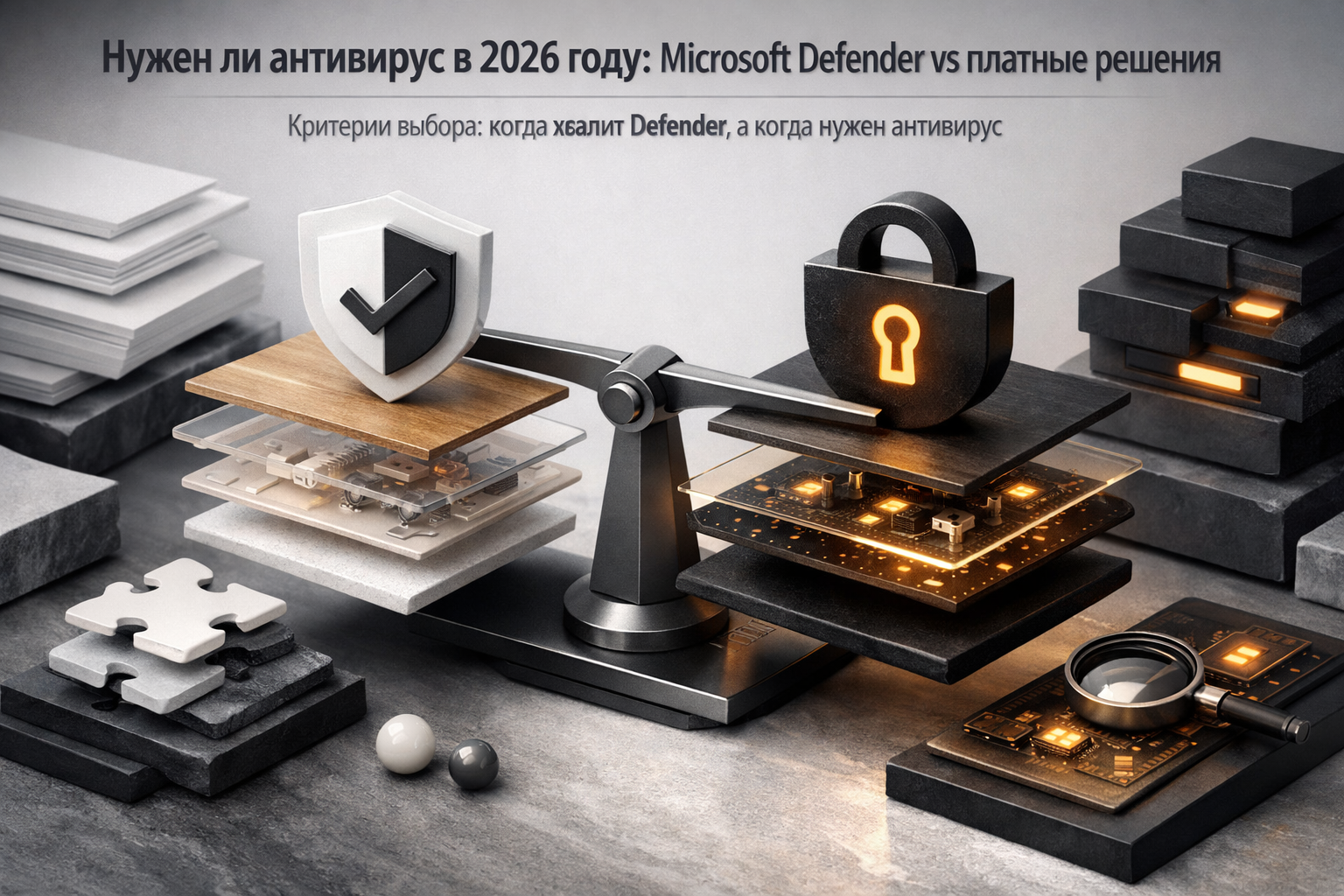 Exploded product architecture with floating layers, translucent materials, and magazine-grade diagram energy. Article title: "Нужен ли антивирус в 2026 году: Microsoft Defender vs платные решения". Section focus: "Критерии выбора: когда хватит Defender, а когда нужен антивирус". Concrete concept to visualize: Критерии, выбора, когда, хватит, Defender. Invent a specific metaphor tied to this section only; do not fall back to generic AI brains, neon circuits, or random dashboards. Color direction: soft graphite, amber highlights, porcelain white, matte black. Camera: elevated 35mm view with strong leading lines and clear foreground-midground-background separation. Use tactile materials, layered objects, visual hierarchy, and premium editorial polish like a cover story interior spread. No people, no faces, no hands, no readable UI text, no logos, no watermark, no empty dark voids. 16:9 landscape.