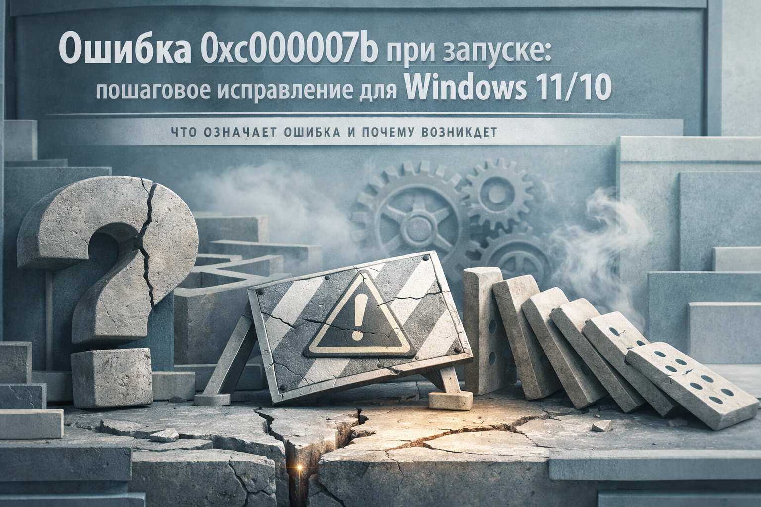Architectural elevation scene with layered frames, structural rhythm, and editorial poster discipline. Article title: "Ошибка 0xc000007b при запуске: пошаговое исправление для Windows 11/10". Section focus: "Что означает ошибка и почему возникает". Concrete concept to visualize: означает, ошибка, почему, возникает. Invent a specific metaphor tied to this section only; do not fall back to generic AI brains, neon circuits, or random dashboards. Color direction: fog blue, desaturated teal, silver accents, pale stone. Camera: close-up 50mm product editorial shot, shallow depth but readable scene hierarchy. Use tactile materials, layered objects, visual hierarchy, and premium editorial polish like a cover story interior spread. No people, no faces, no hands, no readable UI text, no logos, no watermark, no empty dark voids. 16:9 landscape.