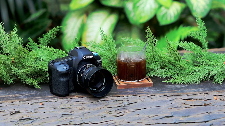 Stylish DSLR camera and iced coffee on a wooden table with greenery, perfect outdoor setting.