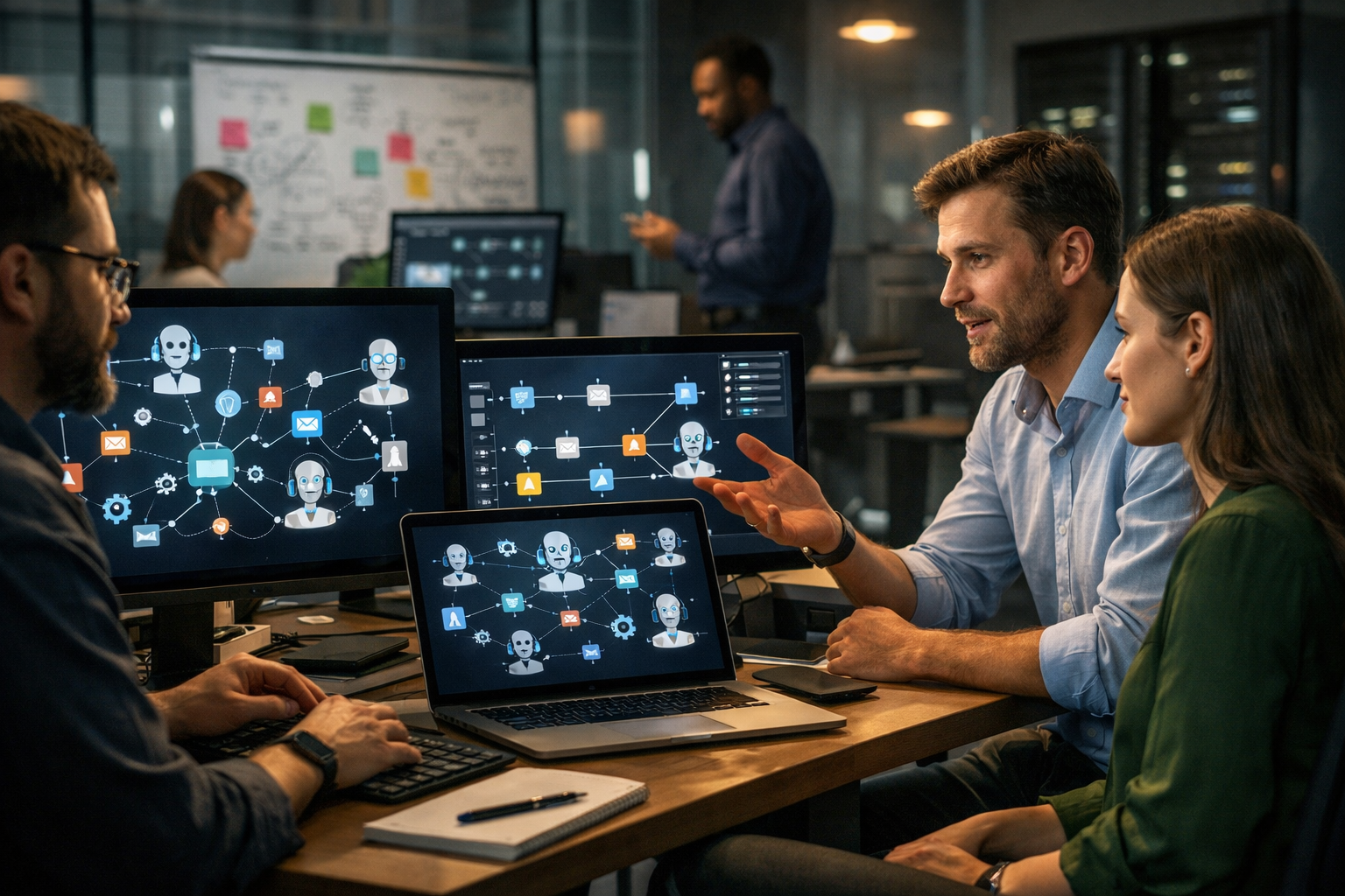 Editorial section illustration for "Что такое оркестрация AI-агентов и почему это критично для бизнеса" in context of "Trigger.dev, Temporal, n8n: оркестрация AI-агентов для бизнеса". Subject-focused composition, realistic business environment, crisp details, natural contrast, no text, no watermark, no logo, no empty background, 16:9.