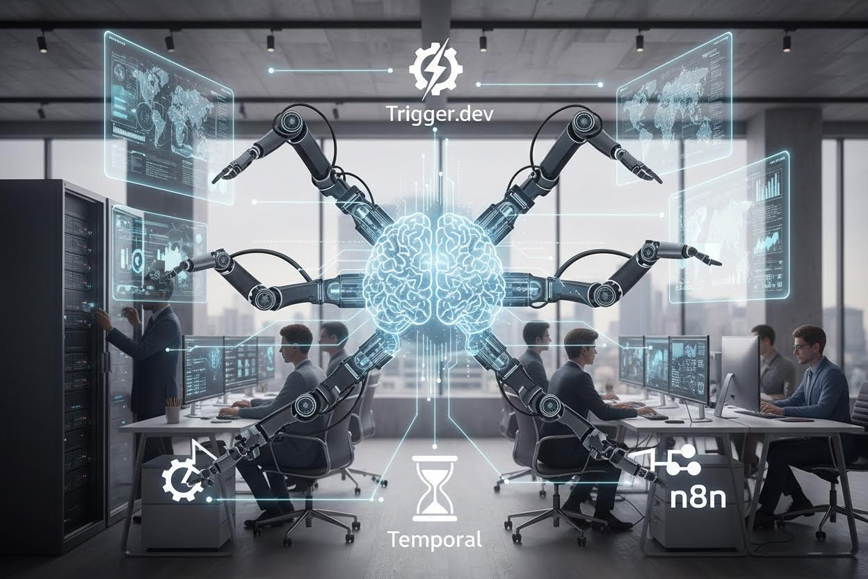 Editorial section illustration for "Trigger.dev: Event-Driven оркестрация для быстрого старта" in context of "Trigger.dev, Temporal, n8n: оркестрация AI-агентов для бизнеса". Subject-focused composition, realistic business environment, crisp details, natural contrast, no text, no watermark, no logo, no empty background, 16:9.