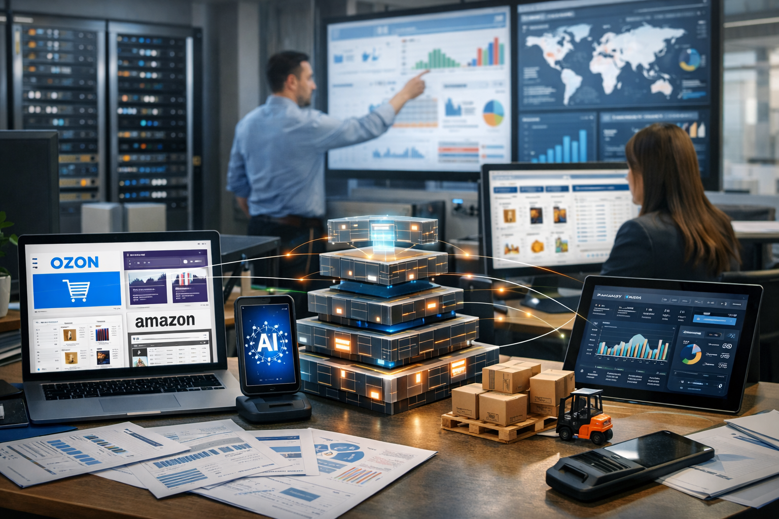 Editorial section illustration for "Архитектура автоматизации: откуда брать данные" in context of "Как автоматизировать работу с маркетплейсами: Ozon, WB, Amazon + AI". Subject-focused composition, realistic business environment, crisp details, natural contrast, no text, no watermark, no logo, no empty background, 16:9.