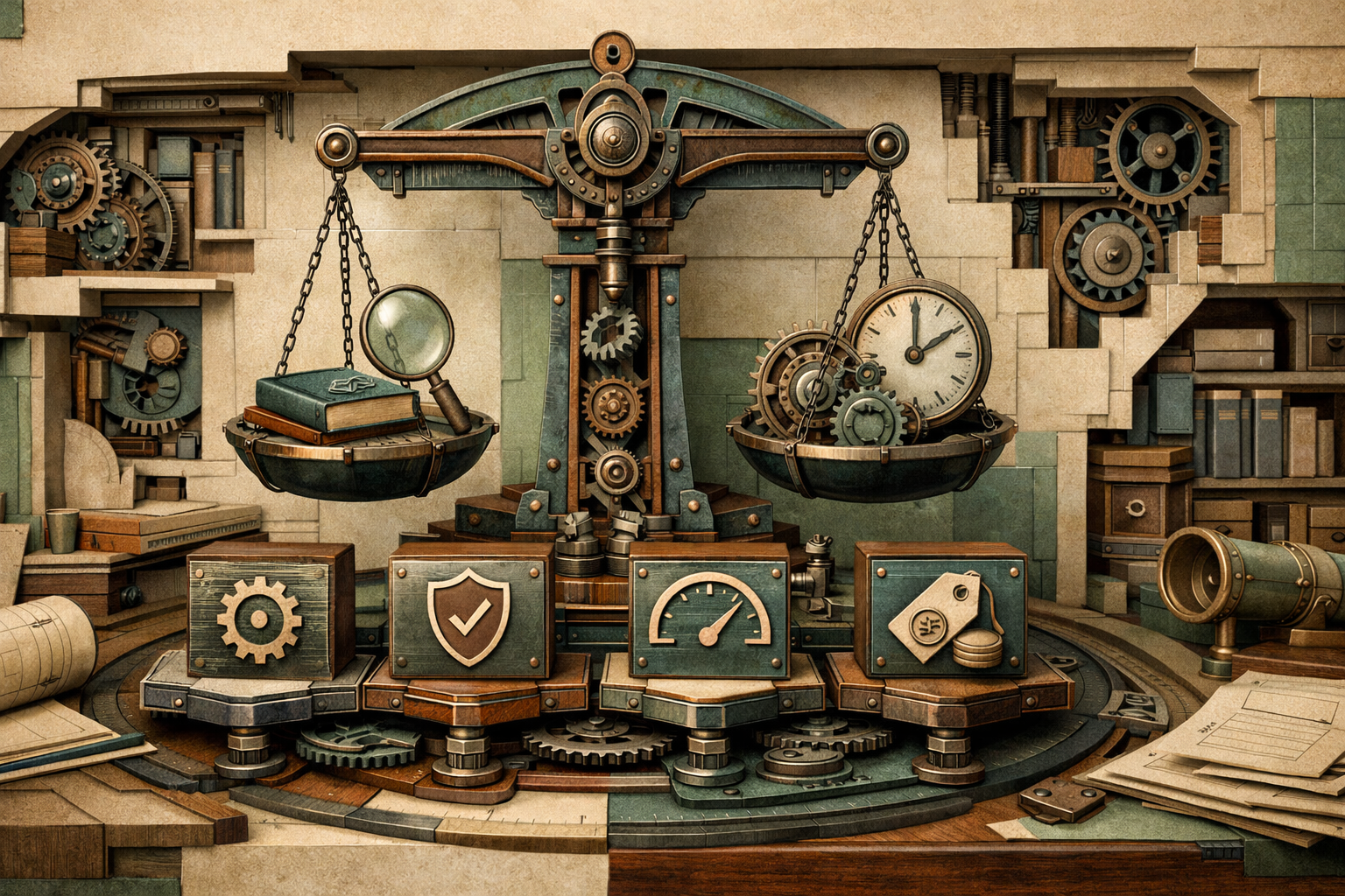 Cutaway blueprint environment revealing internal mechanics, precise geometry, and technical elegance. Article title: "Топ-7 OCR программ 2026: Сканируем текст без ошибок". Section focus: "Критерии выбора OCR". Concrete concept to visualize: Критерии, выбора. Invent a specific metaphor tied to this section only; do not fall back to generic AI brains, neon circuits, or random dashboards. Color direction: sand beige, eucalyptus green, oxidized metal, dark walnut. Camera: wide-angle but controlled perspective, crisp focal anchor, premium magazine framing. Use tactile materials, layered objects, visual hierarchy, and premium editorial polish like a cover story interior spread. No people, no faces, no hands, no readable UI text, no logos, no watermark, no empty dark voids. 16:9 landscape.