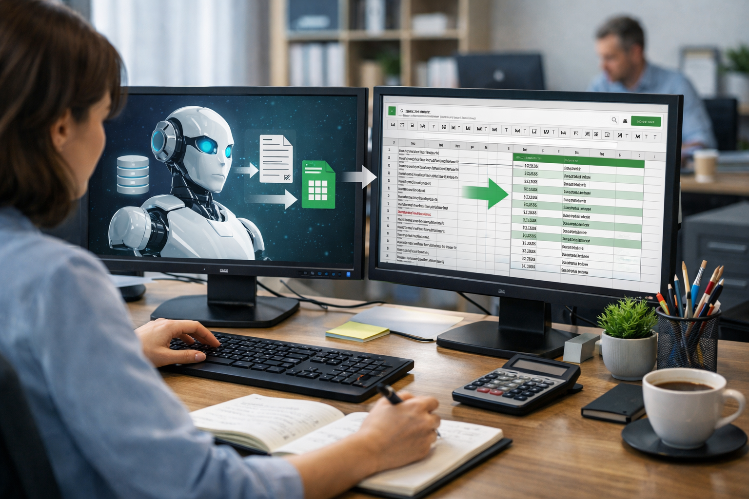 Editorial section illustration for "1. Автоматизация ввода и очистки данных" in context of "AI + Google Sheets: 15 автоматизаций для вашего бизнеса". Subject-focused composition, realistic business environment, crisp details, natural contrast, no text, no watermark, no logo, no empty background, 16:9.