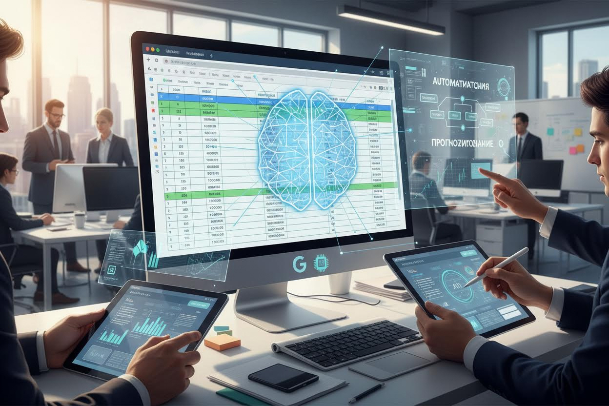 Editorial section illustration for "2. Интеллектуальная аналитика и прогнозирование" in context of "AI + Google Sheets: 15 автоматизаций для вашего бизнеса". Subject-focused composition, realistic business environment, crisp details, natural contrast, no text, no watermark, no logo, no empty background, 16:9.