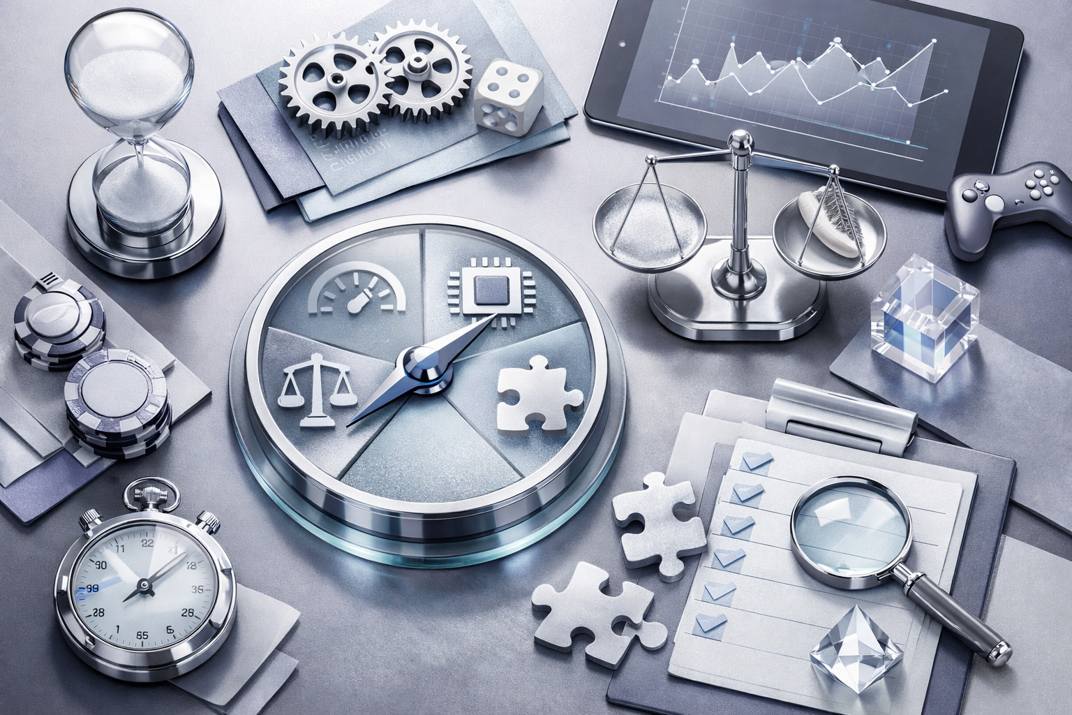 High-end desktop composition combining instruments, screens, and physical artifacts without readable interface text. Article title: "Топ-7 эмуляторов Android на ПК 2026: Выбор стратега для игр и разработки". Section focus: "Критерии выбора эмулятора". Concrete concept to visualize: Критерии, выбора, эмулятора. Invent a specific metaphor tied to this section only; do not fall back to generic AI brains, neon circuits, or random dashboards. Color direction: ice blue, violet gray, polished chrome, cloud white. Camera: top-down flat lay with structured geometry and intentional rhythm between objects. Use tactile materials, layered objects, visual hierarchy, and premium editorial polish like a cover story interior spread. No people, no faces, no hands, no readable UI text, no logos, no watermark, no empty dark voids. 16:9 landscape.