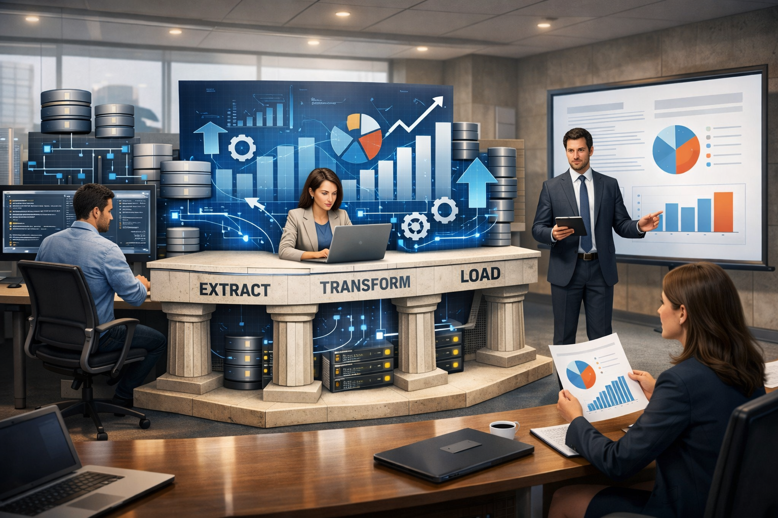 Editorial section illustration for "Архитектура мечты: ETL как фундамент" in context of "Автоматическая генерация отчётов: от данных до презентации за 5 минут". Subject-focused composition, realistic business environment, crisp details, natural contrast, no text, no watermark, no logo, no empty background, 16:9.