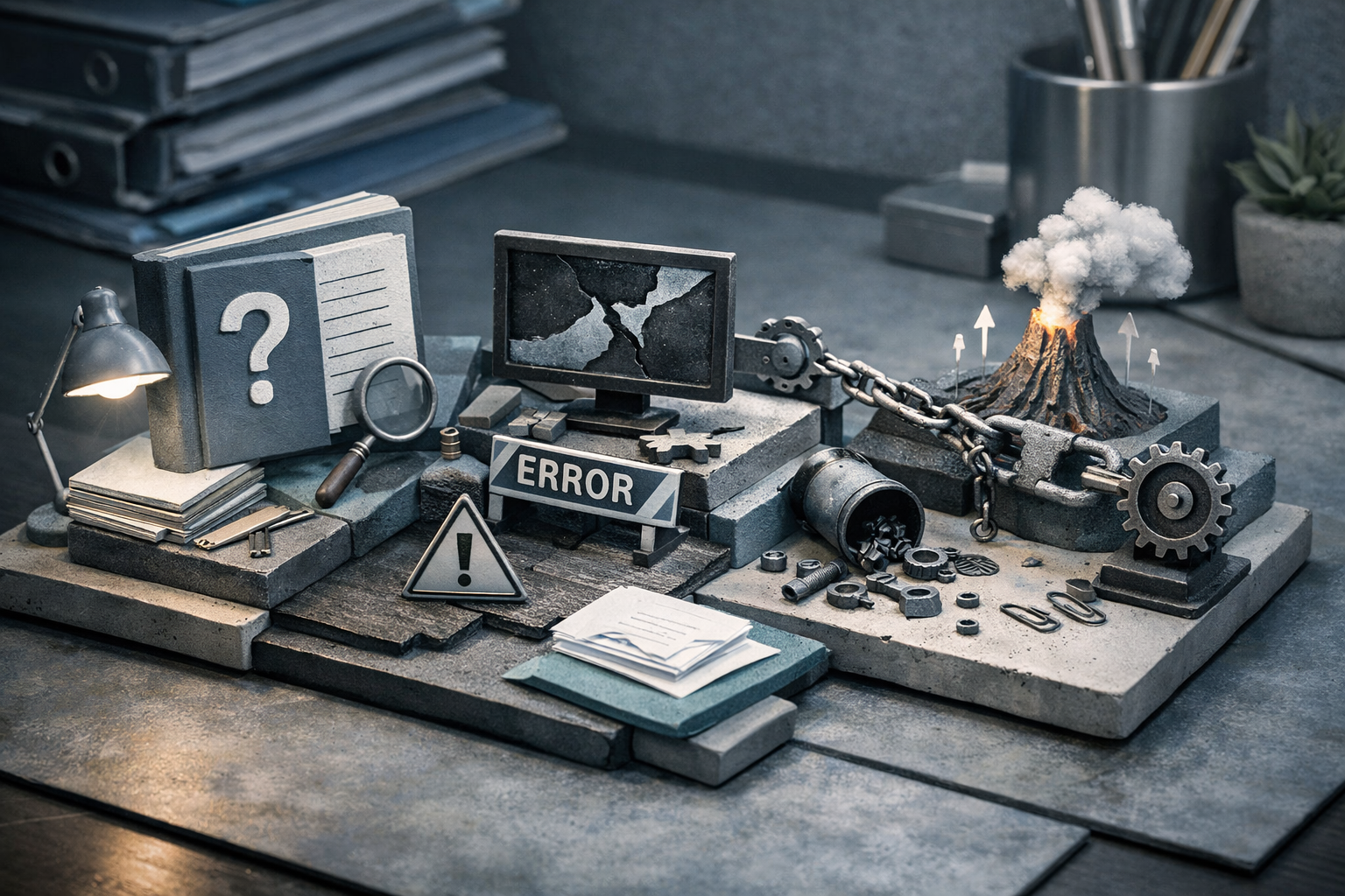 Miniature diorama built from real business objects, tactile textures, warm controlled light, and handcrafted realism. Article title: "Ошибка vcruntime140.dll: полное руководство по исправлению в Windows 10 и 11". Section focus: "Что означает ошибка и почему возникает". Concrete concept to visualize: означает, ошибка, почему, возникает. Invent a specific metaphor tied to this section only; do not fall back to generic AI brains, neon circuits, or random dashboards. Color direction: cool slate, pearl white, muted cyan, brushed steel. Camera: elevated 35mm view with strong leading lines and clear foreground-midground-background separation. Use tactile materials, layered objects, visual hierarchy, and premium editorial polish like a cover story interior spread. No people, no faces, no hands, no readable UI text, no logos, no watermark, no empty dark voids. 16:9 landscape.