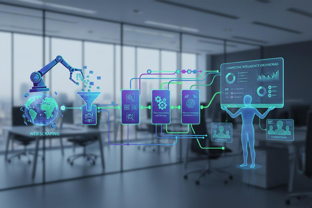 Editorial section illustration for "Технологический стек: от скрапинга до NLP" in context of "AI-мониторинг конкурентов: автоматический сбор и анализ данных". Subject-focused composition, realistic business environment, crisp details, natural contrast, no text, no watermark, no logo, no empty background, 16:9.