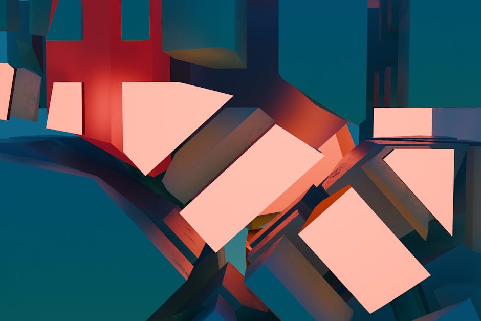 Dynamic abstract composition with 3D geometric shapes and bold colors