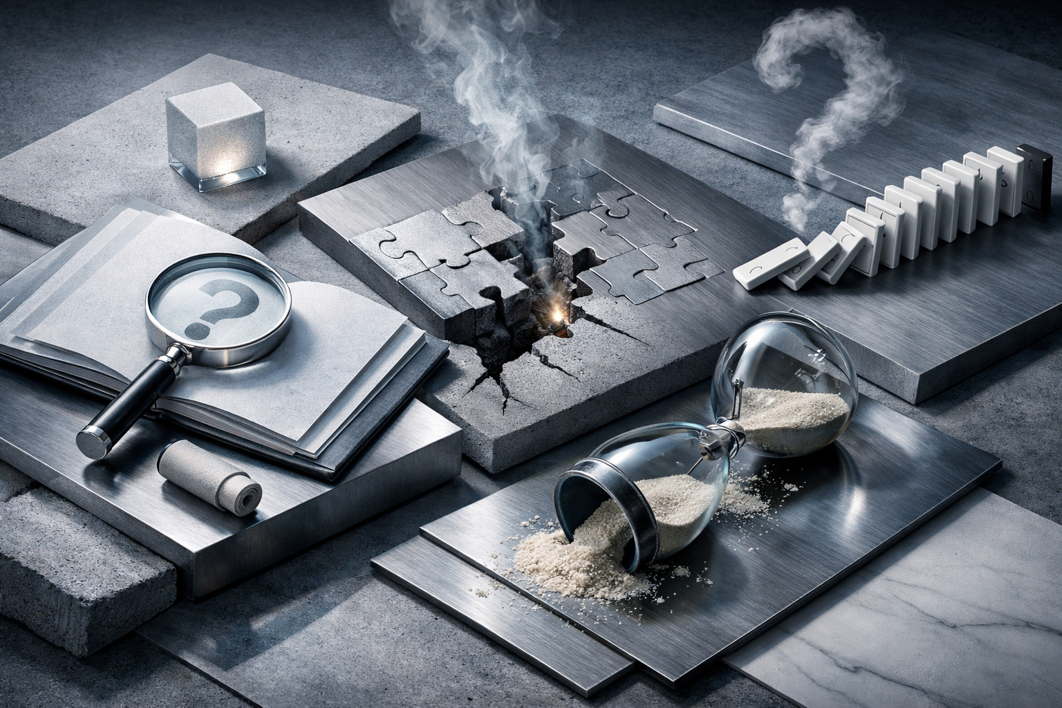 Macro editorial still life with premium materials, precise reflections, sculpted shadows, and hidden micro-details. Article title: "Ошибка msvcp140.dll: Полное руководство по восстановлению в 2026". Section focus: "Что означает ошибка и почему возникает". Concrete concept to visualize: означает, ошибка, почему, возникает. Invent a specific metaphor tied to this section only; do not fall back to generic AI brains, neon circuits, or random dashboards. Color direction: cool slate, pearl white, muted cyan, brushed steel. Camera: elevated 35mm view with strong leading lines and clear foreground-midground-background separation. Use tactile materials, layered objects, visual hierarchy, and premium editorial polish like a cover story interior spread. No people, no faces, no hands, no readable UI text, no logos, no watermark, no empty dark voids. 16:9 landscape.