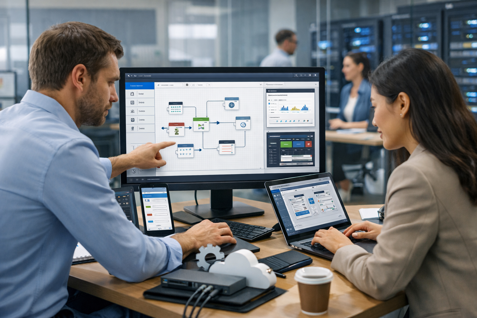 Editorial section illustration for "Рынок в 2026: Не тренд, а базовая инфраструктура" in context of "Low-code платформы 2026: полный обзор для предпринимателей". Subject-focused composition, realistic business environment, crisp details, natural contrast, no text, no watermark, no logo, no empty background, 16:9.