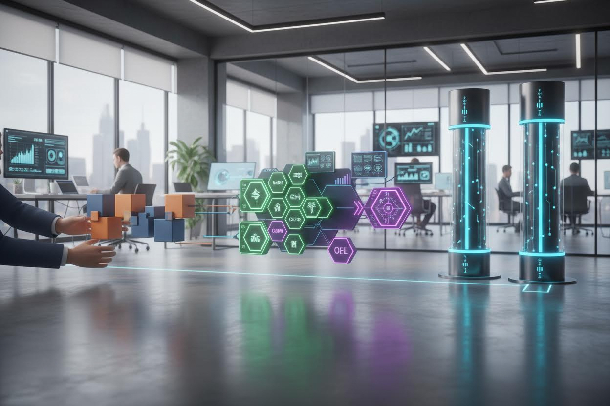 Editorial section illustration for "Классификация платформ: От конструкторов до осей" in context of "Low-code платформы 2026: полный обзор для предпринимателей". Subject-focused composition, realistic business environment, crisp details, natural contrast, no text, no watermark, no logo, no empty background, 16:9.