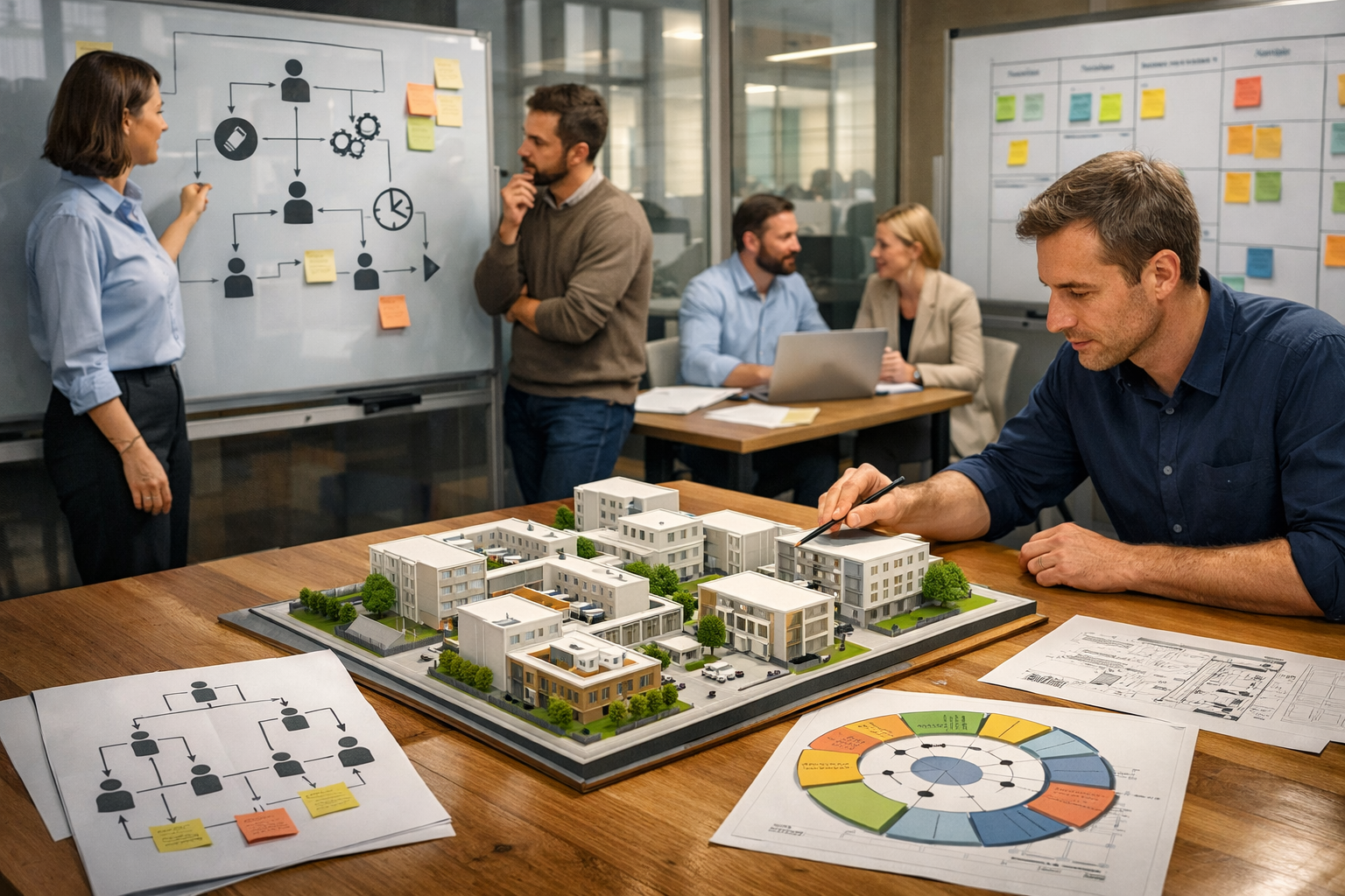 Editorial section illustration for "Что это такое на самом деле: не теория, а архитектура" in context of "Что такое самоуправляемая компания: от теории к реальности". Subject-focused composition, realistic business environment, crisp details, natural contrast, no text, no watermark, no logo, no empty background, 16:9.