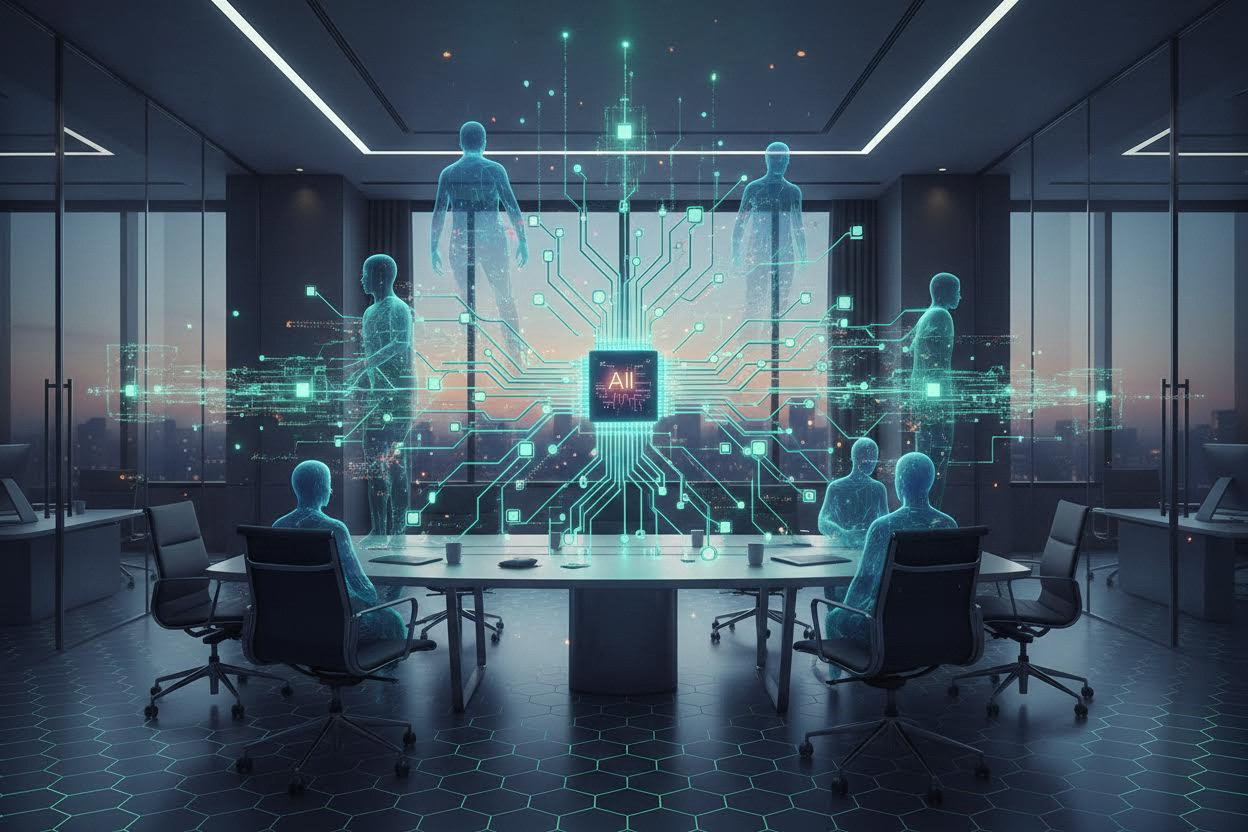 Editorial section illustration for "AI как нейросеть управления: от людей к алгоритмам" in context of "Что такое самоуправляемая компания: от теории к реальности". Subject-focused composition, realistic business environment, crisp details, natural contrast, no text, no watermark, no logo, no empty background, 16:9.