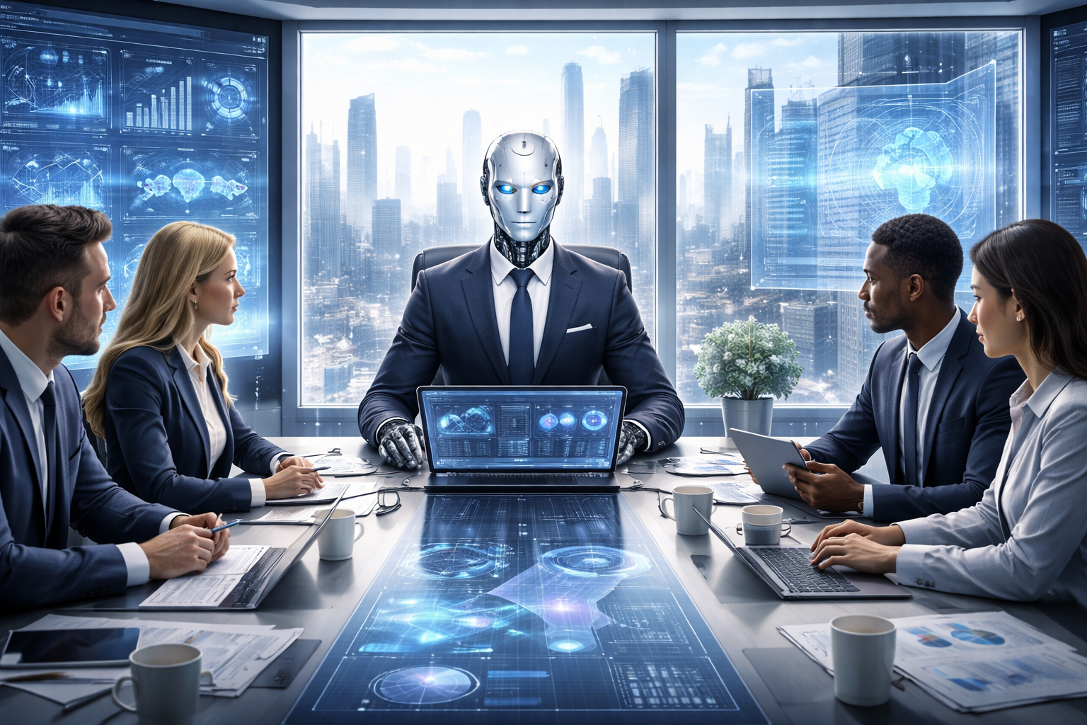 Editorial section illustration for "Что такое AI-CEO в 2026 году" in context of "AI-CEO: может ли искусственный интеллект управлять бизнесом". Subject-focused composition, realistic business environment, crisp details, natural contrast, no text, no watermark, no logo, no empty background, 16:9.