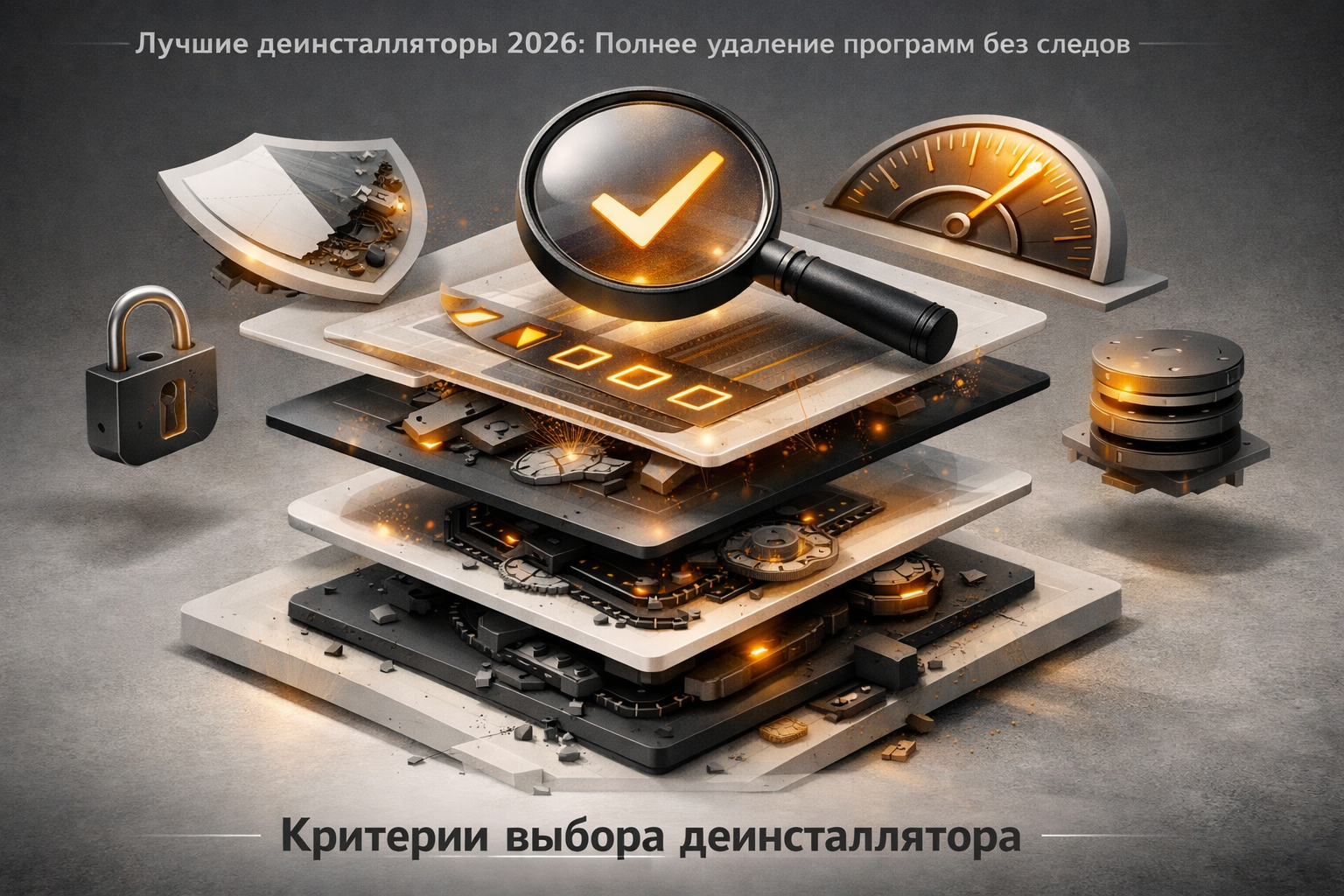 Exploded product architecture with floating layers, translucent materials, and magazine-grade diagram energy. Article title: "Лучшие деинсталляторы 2026: Полное удаление программ без следов". Section focus: "Критерии выбора деинсталлятора". Concrete concept to visualize: Критерии, выбора, деинсталлятора. Invent a specific metaphor tied to this section only; do not fall back to generic AI brains, neon circuits, or random dashboards. Color direction: soft graphite, amber highlights, porcelain white, matte black. Camera: wide-angle but controlled perspective, crisp focal anchor, premium magazine framing. Use tactile materials, layered objects, visual hierarchy, and premium editorial polish like a cover story interior spread. No people, no faces, no hands, no readable UI text, no logos, no watermark, no empty dark voids. 16:9 landscape.