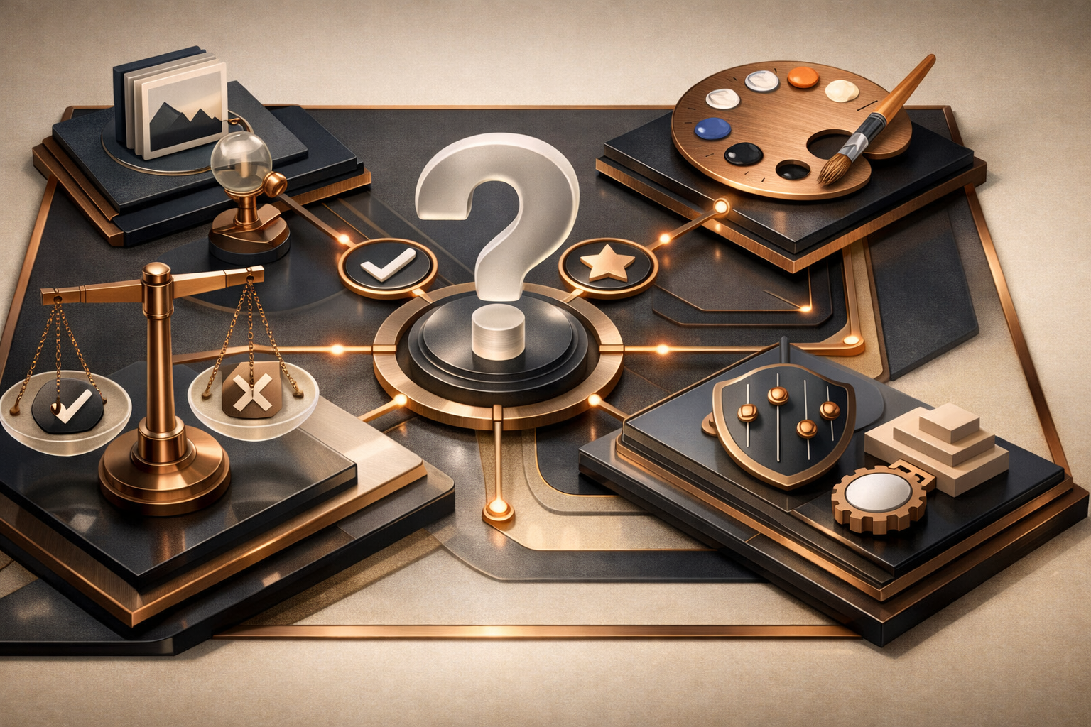 Signal-map composition where pathways, anchors, and control points form a high-end systems metaphor. Article title: "Чем заменить Photoshop: 12 лучших альтернатив для фото и графики в 2026". Section focus: "Критерии выбора альтернативы Photoshop". Concrete concept to visualize: Критерии, выбора, альтернативы, Photoshop. Invent a specific metaphor tied to this section only; do not fall back to generic AI brains, neon circuits, or random dashboards. Color direction: warm ivory, copper, deep navy, smoked glass. Camera: wide-angle but controlled perspective, crisp focal anchor, premium magazine framing. Use tactile materials, layered objects, visual hierarchy, and premium editorial polish like a cover story interior spread. No people, no faces, no hands, no readable UI text, no logos, no watermark, no empty dark voids. 16:9 landscape.