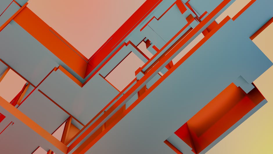 Dynamic abstract art with intersecting geometric shapes in vibrant orange and blue hues.