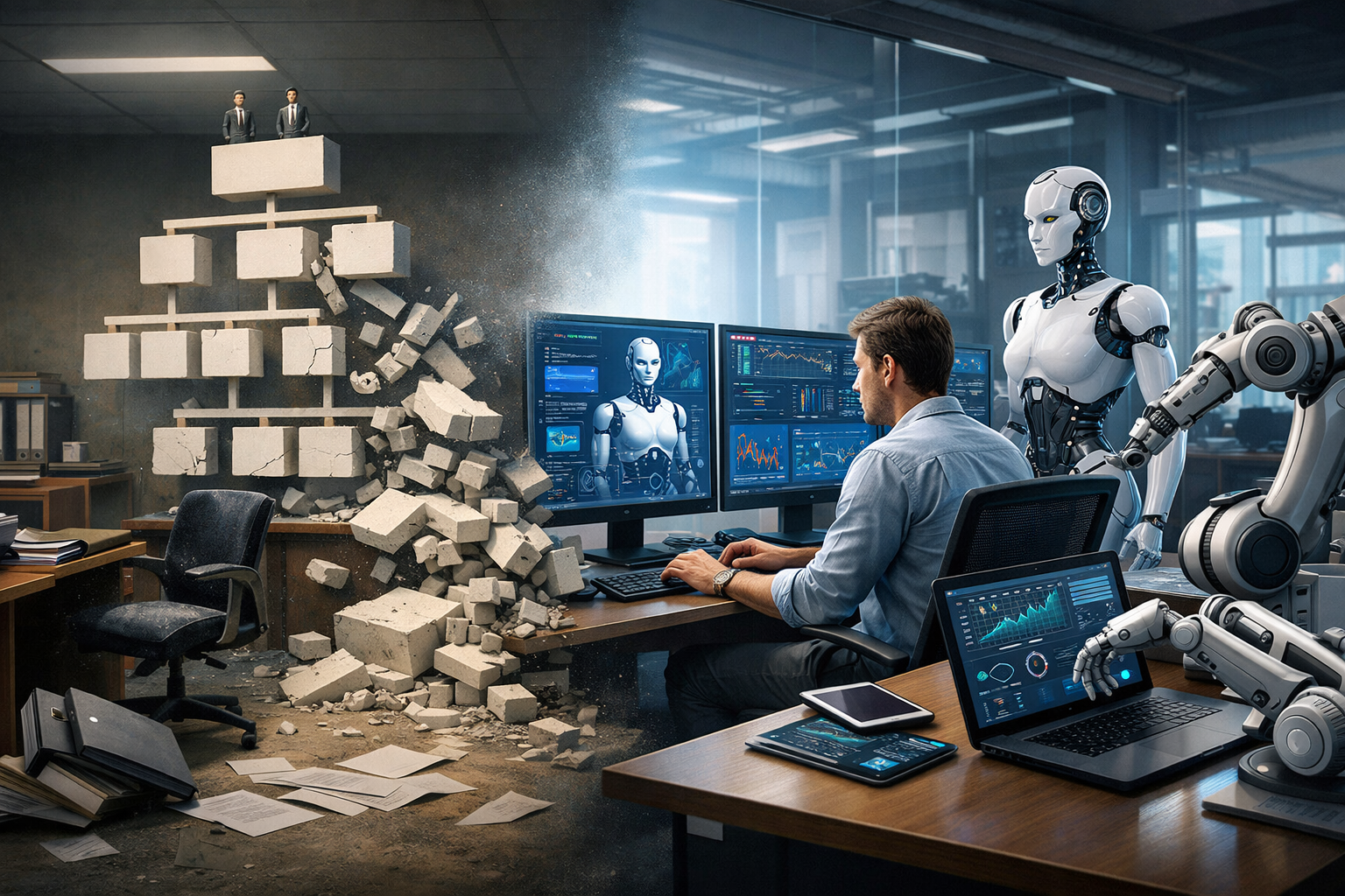 Editorial section illustration for "Почему отделы устарели: кризис традиционной иерархии" in context of "Компания без сотрудников: как AI заменяет целые отделы". Subject-focused composition, realistic business environment, crisp details, natural contrast, no text, no watermark, no logo, no empty background, 16:9.