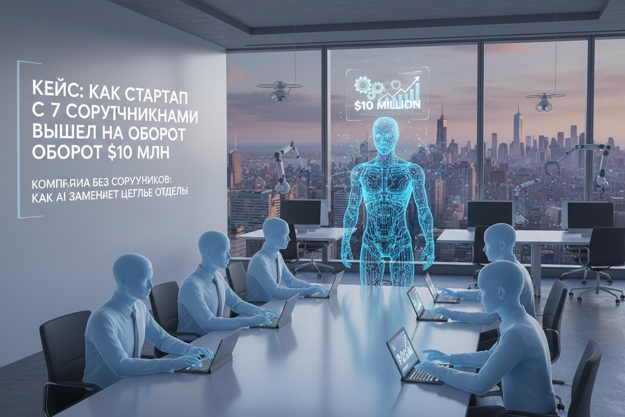 Editorial section illustration for "Кейс: как стартап с 7 сотрудниками вышел на оборот $10 млн" in context of "Компания без сотрудников: как AI заменяет целые отделы". Subject-focused composition, realistic business environment, crisp details, natural contrast, no text, no watermark, no logo, no empty background, 16:9.