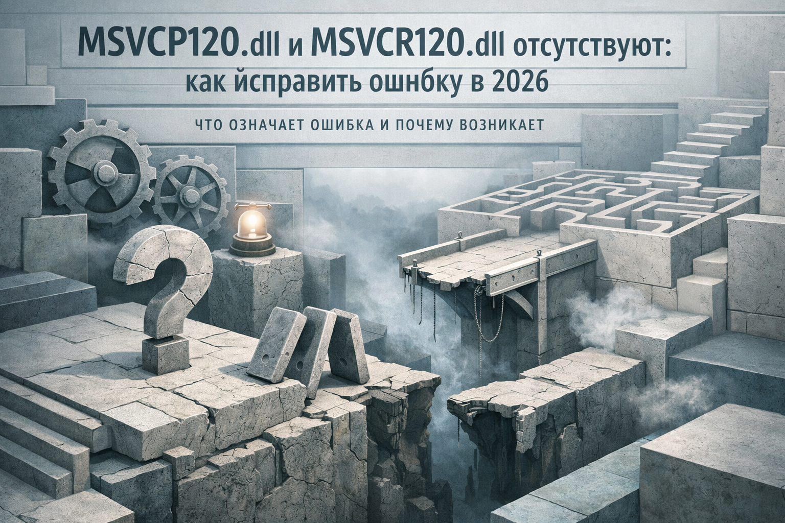 Architectural elevation scene with layered frames, structural rhythm, and editorial poster discipline. Article title: "MSVCP120.dll и MSVCR120.dll отсутствуют: пошаговое исправление ошибки". Section focus: "Что означает ошибка и почему возникает". Concrete concept to visualize: означает, ошибка, почему, возникает. Invent a specific metaphor tied to this section only; do not fall back to generic AI brains, neon circuits, or random dashboards. Color direction: fog blue, desaturated teal, silver accents, pale stone. Camera: elevated 35mm view with strong leading lines and clear foreground-midground-background separation. Use tactile materials, layered objects, visual hierarchy, and premium editorial polish like a cover story interior spread. No people, no faces, no hands, no readable UI text, no logos, no watermark, no empty dark voids. 16:9 landscape.