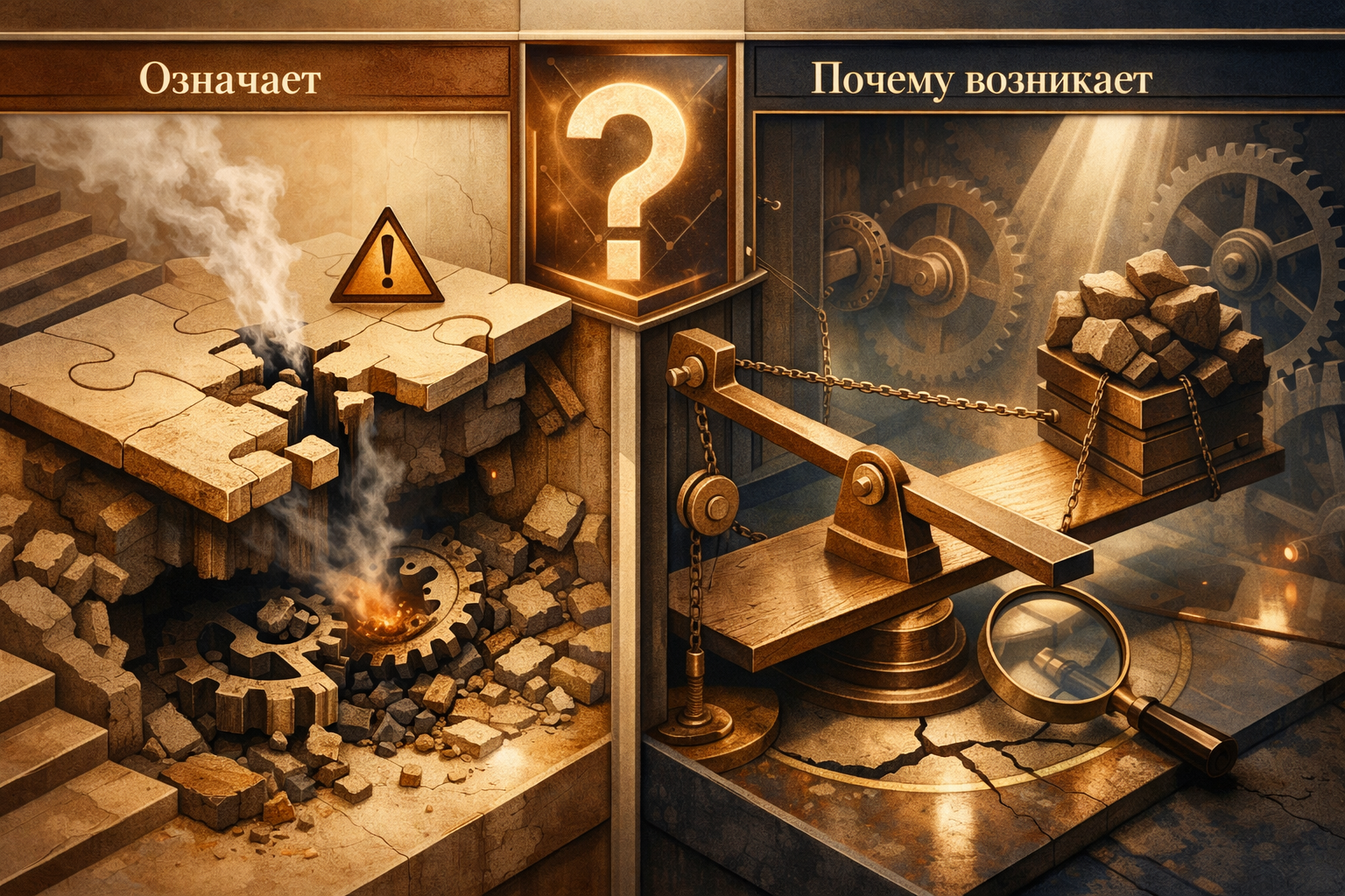 Split-frame systems narrative showing friction versus leverage, with a clean dividing structure and layered depth. Article title: "PhysXLoader.dll отсутствует: как исправить ошибку на Windows в 2026". Section focus: "Что означает ошибка и почему возникает". Concrete concept to visualize: означает, ошибка, почему, возникает. Invent a specific metaphor tied to this section only; do not fall back to generic AI brains, neon circuits, or random dashboards. Color direction: warm ivory, copper, deep navy, smoked glass. Camera: elevated 35mm view with strong leading lines and clear foreground-midground-background separation. Use tactile materials, layered objects, visual hierarchy, and premium editorial polish like a cover story interior spread. No people, no faces, no hands, no readable UI text, no logos, no watermark, no empty dark voids. 16:9 landscape.