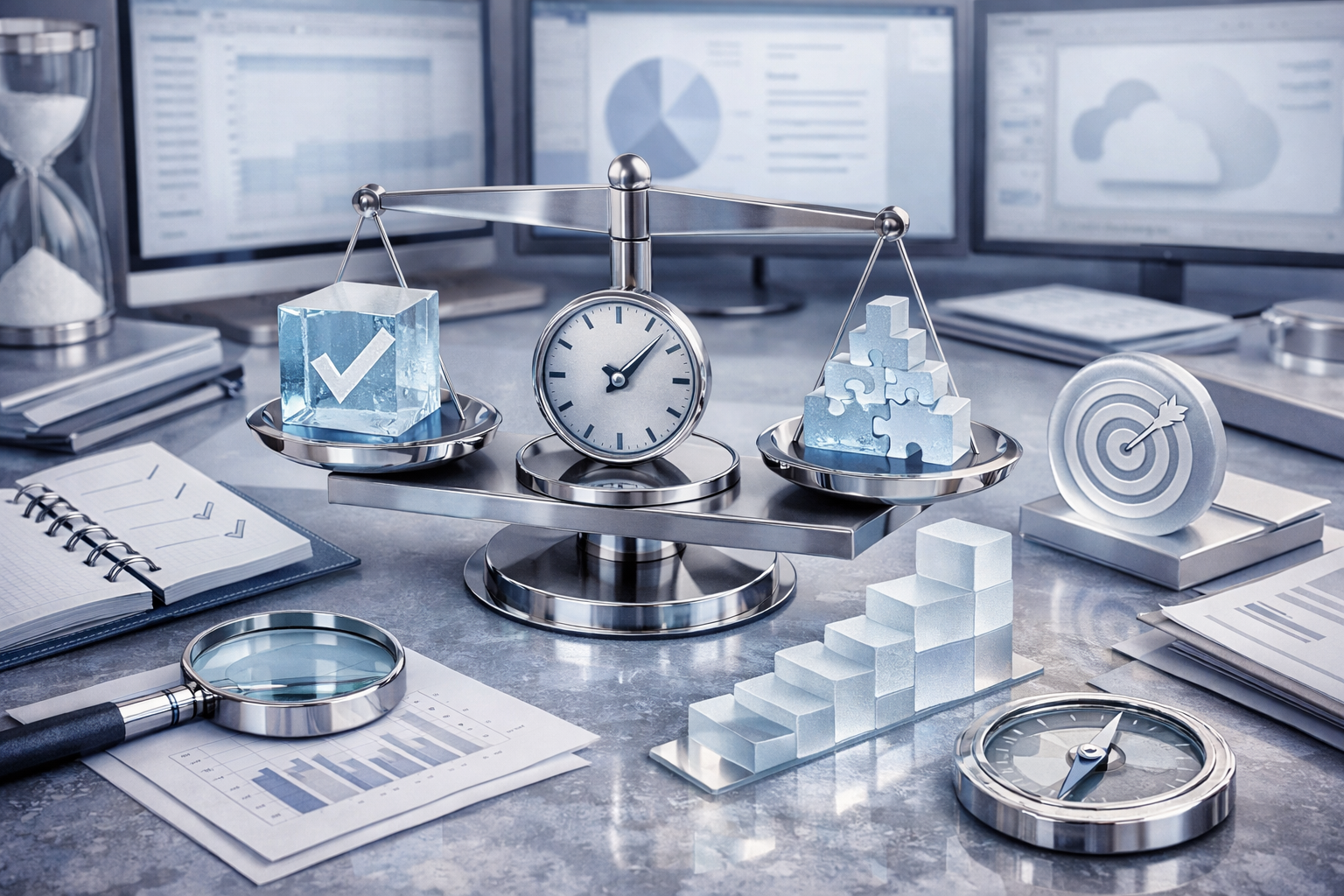 High-end desktop composition combining instruments, screens, and physical artifacts without readable interface text. Article title: "LibreOffice, OnlyOffice, WPS Office или Google Docs: что выбрать в 2026 году". Section focus: "Критерии выбора офисного решения". Concrete concept to visualize: Критерии, выбора, офисного, решения. Invent a specific metaphor tied to this section only; do not fall back to generic AI brains, neon circuits, or random dashboards. Color direction: ice blue, violet gray, polished chrome, cloud white. Camera: elevated 35mm view with strong leading lines and clear foreground-midground-background separation. Use tactile materials, layered objects, visual hierarchy, and premium editorial polish like a cover story interior spread. No people, no faces, no hands, no readable UI text, no logos, no watermark, no empty dark voids. 16:9 landscape.