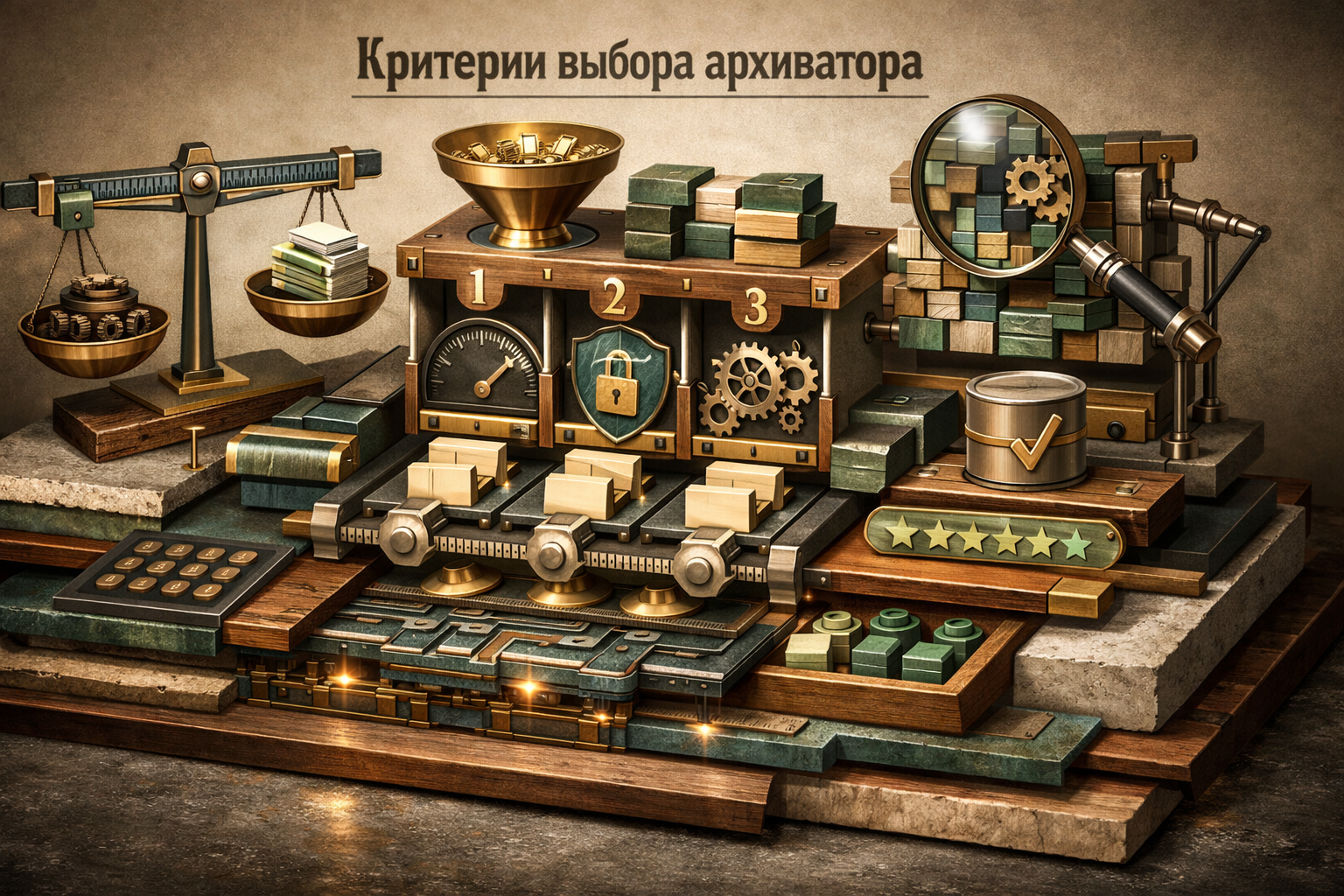 Cutaway blueprint environment revealing internal mechanics, precise geometry, and technical elegance. Article title: "WinRAR, 7-Zip или PeaZip: что выбрать в 2026 году". Section focus: "Критерии выбора архиватора". Concrete concept to visualize: Критерии, выбора, архиватора. Invent a specific metaphor tied to this section only; do not fall back to generic AI brains, neon circuits, or random dashboards. Color direction: sand beige, eucalyptus green, oxidized metal, dark walnut. Camera: side-on studio composition with dramatic rim light and subtle volumetric atmosphere. Use tactile materials, layered objects, visual hierarchy, and premium editorial polish like a cover story interior spread. No people, no faces, no hands, no readable UI text, no logos, no watermark, no empty dark voids. 16:9 landscape.