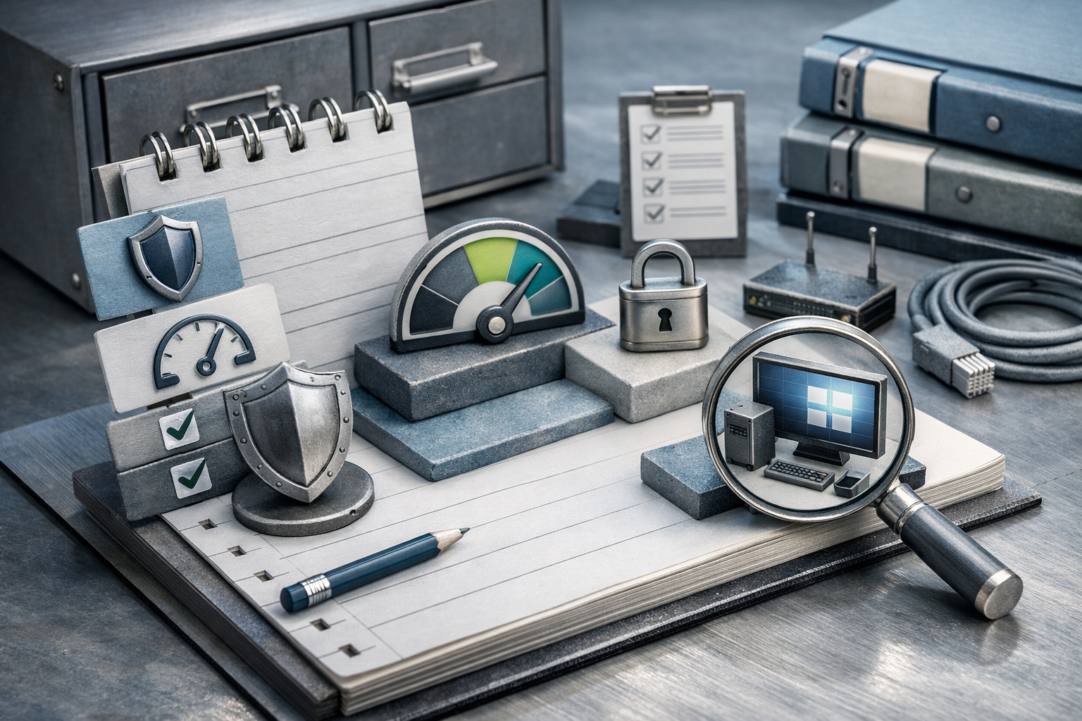 Miniature diorama built from real business objects, tactile textures, warm controlled light, and handcrafted realism. Article title: "Лучшие фаерволы для Windows 2026: нужен ли отдельный firewall?". Section focus: "Критерии выбора: Decision Framework 2026". Concrete concept to visualize: Критерии, выбора, Decision, Framework, 2026. Invent a specific metaphor tied to this section only; do not fall back to generic AI brains, neon circuits, or random dashboards. Color direction: cool slate, pearl white, muted cyan, brushed steel. Camera: elevated 35mm view with strong leading lines and clear foreground-midground-background separation. Use tactile materials, layered objects, visual hierarchy, and premium editorial polish like a cover story interior spread. No people, no faces, no hands, no readable UI text, no logos, no watermark, no empty dark voids. 16:9 landscape.