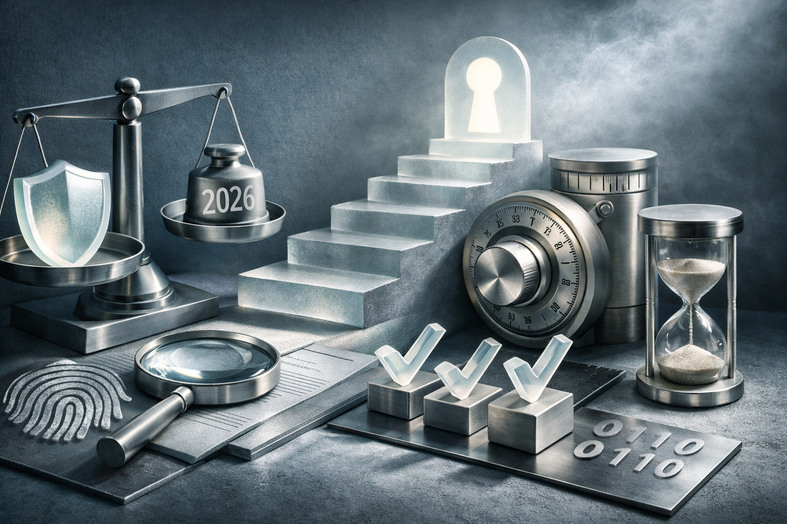 Macro editorial still life with premium materials, precise reflections, sculpted shadows, and hidden micro-details. Article title: "Microsoft Defender vs Kaspersky vs ESET vs Bitdefender vs 360 Total Security: что выбрать в 2026". Section focus: "Критерии выбора антивируса в 2026". Concrete concept to visualize: Критерии, выбора, антивируса, 2026. Invent a specific metaphor tied to this section only; do not fall back to generic AI brains, neon circuits, or random dashboards. Color direction: cool slate, pearl white, muted cyan, brushed steel. Camera: side-on studio composition with dramatic rim light and subtle volumetric atmosphere. Use tactile materials, layered objects, visual hierarchy, and premium editorial polish like a cover story interior spread. No people, no faces, no hands, no readable UI text, no logos, no watermark, no empty dark voids. 16:9 landscape.
