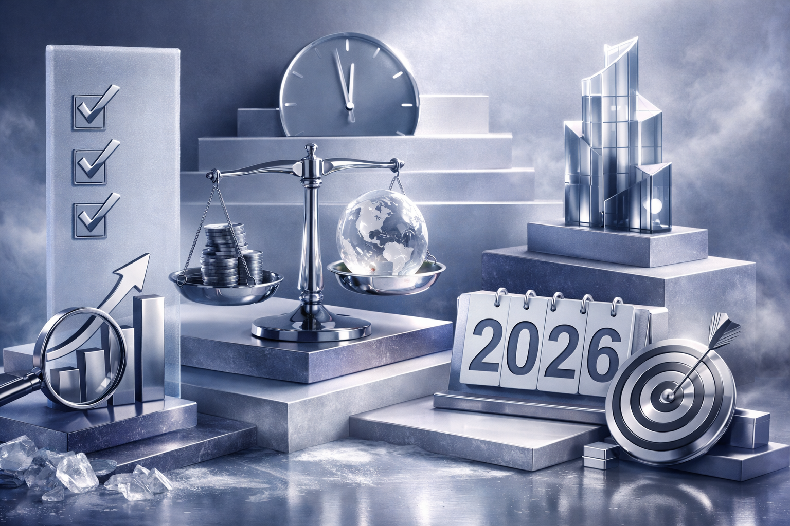 Transformation timeline scene with staged objects, motion residue, and cinematic before/after contrast. Article title: "AnyDesk vs TeamViewer vs RuDesktop vs Chrome Remote Desktop: что выбрать в 2026". Section focus: "Критерии выбора". Concrete concept to visualize: Критерии, выбора. Invent a specific metaphor tied to this section only; do not fall back to generic AI brains, neon circuits, or random dashboards. Color direction: ice blue, violet gray, polished chrome, cloud white. Camera: side-on studio composition with dramatic rim light and subtle volumetric atmosphere. Use tactile materials, layered objects, visual hierarchy, and premium editorial polish like a cover story interior spread. No people, no faces, no hands, no readable UI text, no logos, no watermark, no empty dark voids. 16:9 landscape.