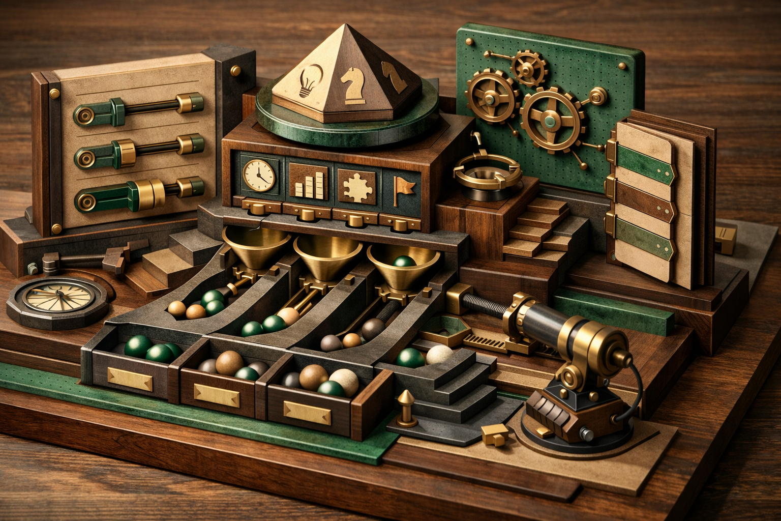 Cutaway blueprint environment revealing internal mechanics, precise geometry, and technical elegance. Article title: "OBS Studio vs Bandicam vs ShareX vs Camtasia: Что выбрать в 2026 году". Section focus: "Критерии выбора: Что важно для вашего сценария". Concrete concept to visualize: Критерии, выбора, важно, вашего, сценария. Invent a specific metaphor tied to this section only; do not fall back to generic AI brains, neon circuits, or random dashboards. Color direction: sand beige, eucalyptus green, oxidized metal, dark walnut. Camera: close-up 50mm product editorial shot, shallow depth but readable scene hierarchy. Use tactile materials, layered objects, visual hierarchy, and premium editorial polish like a cover story interior spread. No people, no faces, no hands, no readable UI text, no logos, no watermark, no empty dark voids. 16:9 landscape.