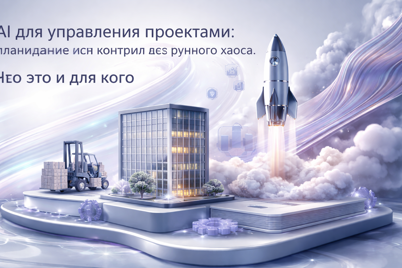 Transformation timeline scene with staged objects, motion residue, and cinematic before/after contrast. Article title: "AI для управления проектами: Планирование и контроль без хаоса". Section focus: "Что это и для кого". Concrete concept to visualize: кого. Invent a specific metaphor tied to this section only; do not fall back to generic AI brains, neon circuits, or random dashboards. Color direction: ice blue, violet gray, polished chrome, cloud white. Camera: close-up 50mm product editorial shot, shallow depth but readable scene hierarchy. Use tactile materials, layered objects, visual hierarchy, and premium editorial polish like a cover story interior spread. No people, no faces, no hands, no readable UI text, no logos, no watermark, no empty dark voids. 16:9 landscape.