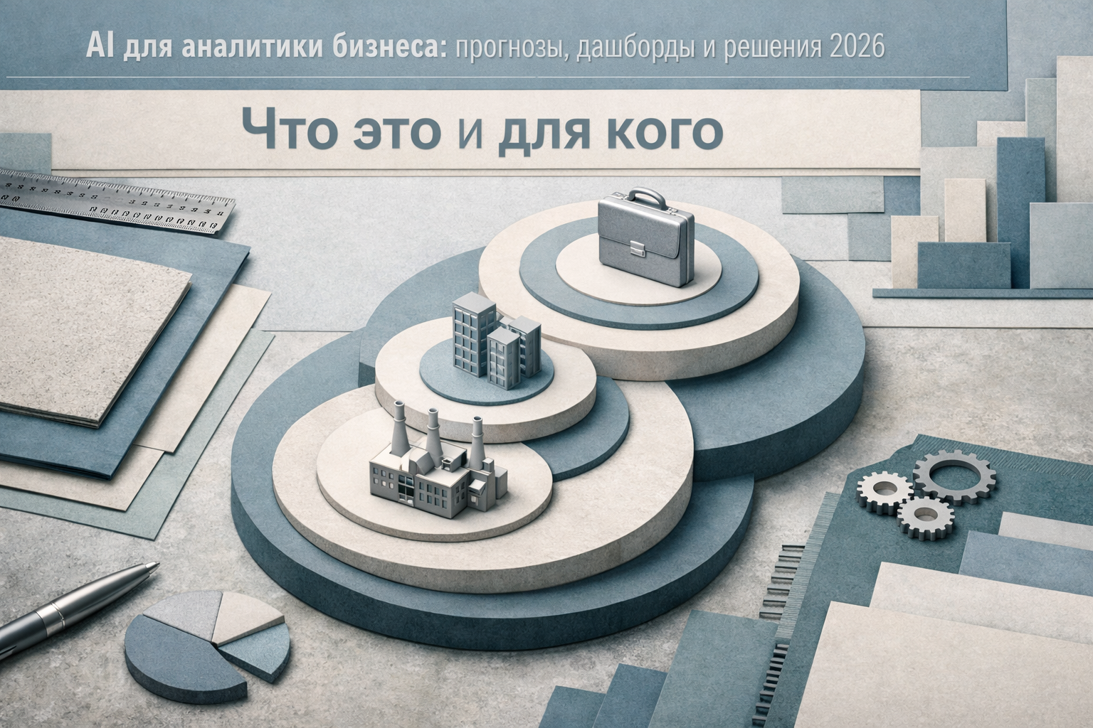 Architectural elevation scene with layered frames, structural rhythm, and editorial poster discipline. Article title: "AI для аналитики бизнеса: от дашбордов к прогнозам и решениям". Section focus: "Что это и для кого". Concrete concept to visualize: кого. Invent a specific metaphor tied to this section only; do not fall back to generic AI brains, neon circuits, or random dashboards. Color direction: fog blue, desaturated teal, silver accents, pale stone. Camera: top-down flat lay with structured geometry and intentional rhythm between objects. Use tactile materials, layered objects, visual hierarchy, and premium editorial polish like a cover story interior spread. No people, no faces, no hands, no readable UI text, no logos, no watermark, no empty dark voids. 16:9 landscape.