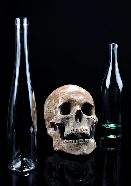 skull, dark, composition, bottles, glass bottles, alcoholism, concept, idea, empty bottles