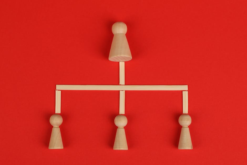 Conceptual depiction of hierarchy using wooden pieces on a vibrant red background.