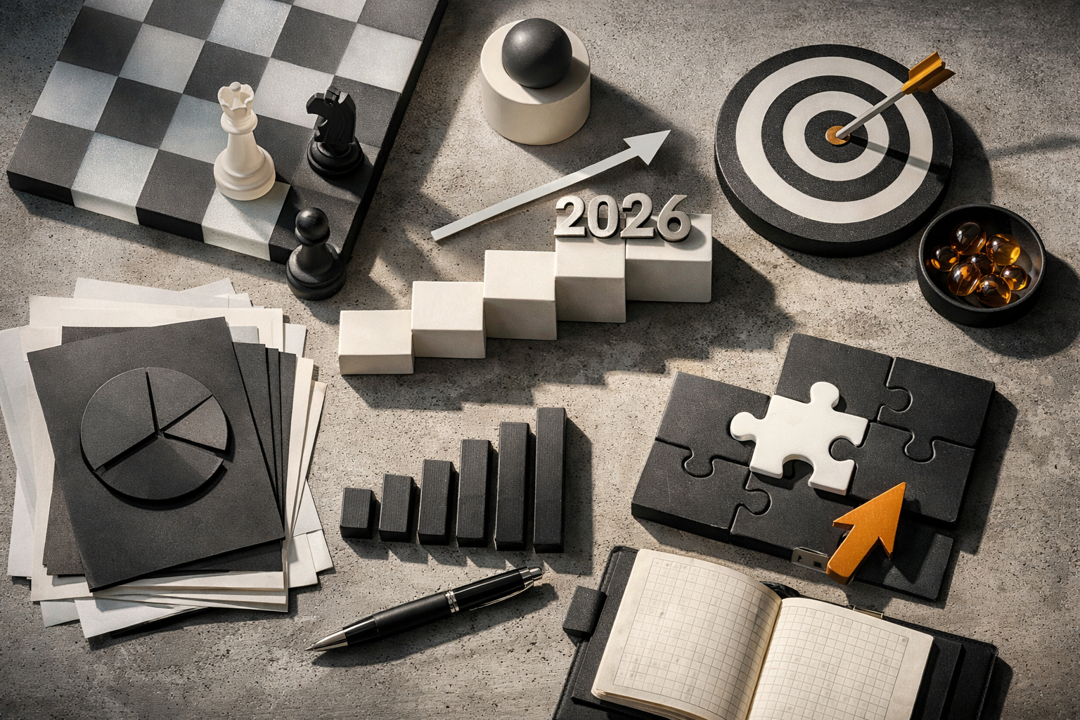 Art-directed laboratory tableau with polished metal, frosted glass, matte ceramics, and dramatic side light. Article title: "Учет продаж 2026: Как интегрировать AI и CRM для роста прибыли". Section focus: "Почему учет продаж в 2026 — это не отчеты, а стратегия". Concrete concept to visualize: Почему, учет, продаж, 2026, отчеты. Invent a specific metaphor tied to this section only; do not fall back to generic AI brains, neon circuits, or random dashboards. Color direction: soft graphite, amber highlights, porcelain white, matte black. Camera: top-down flat lay with structured geometry and intentional rhythm between objects. Use tactile materials, layered objects, visual hierarchy, and premium editorial polish like a cover story interior spread. No people, no faces, no hands, no readable UI text, no logos, no watermark, no empty dark voids. 16:9 landscape.