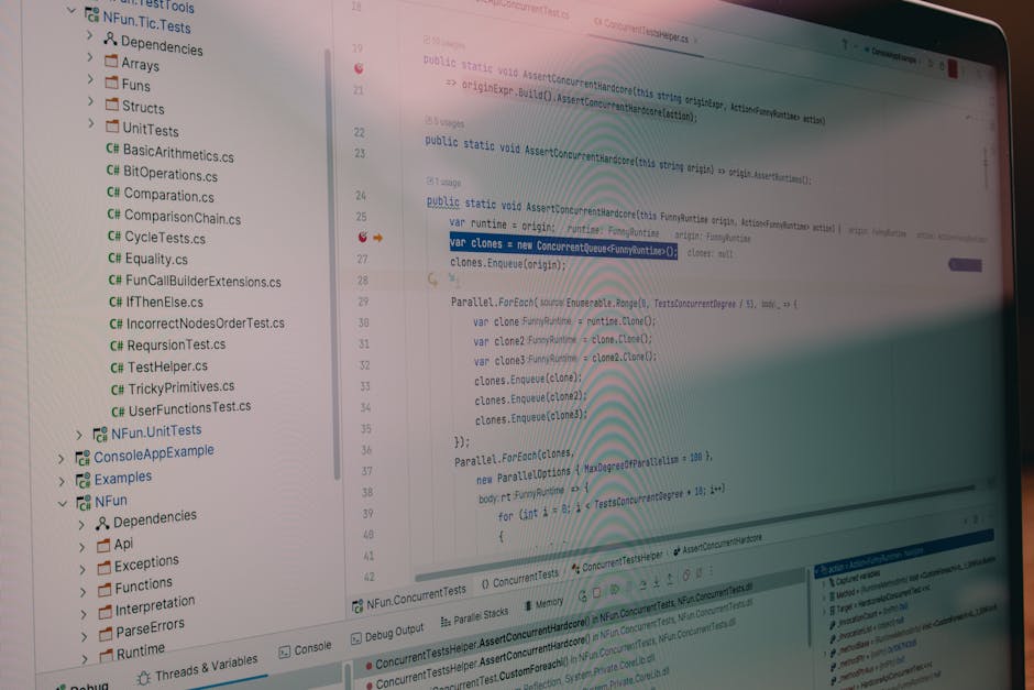 Detailed view of code and file structure in a software development environment.