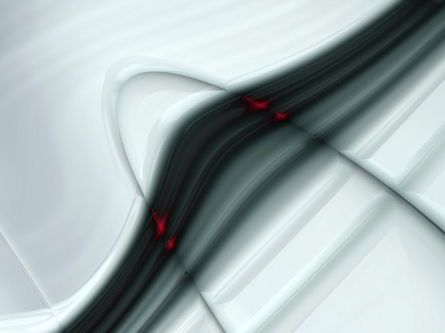 A modern, minimalist abstract design with smooth curves and striking red accents.