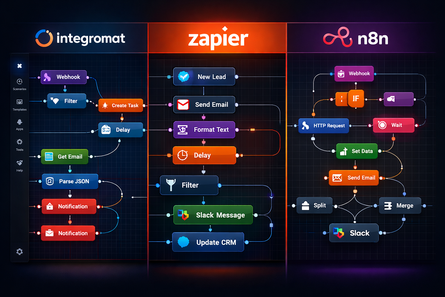 Сравнение платформ автоматизации: Zapier, Make, n8n