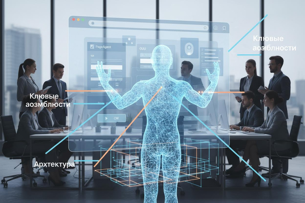 Editorial section illustration for "Ключевые возможности и архитектура" in context of "Show HN: PageAgent, A GUI agent that lives inside your web app". Subject-focused composition, realistic business environment, crisp details, natural contrast, no text, no watermark, no logo, no empty background, 16:9.