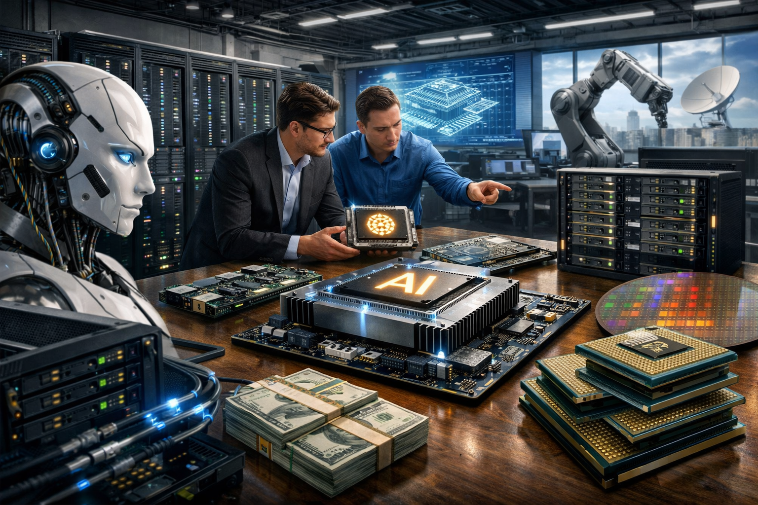 Editorial section illustration for "Инвестиции Big Tech в AI-инфраструктуру" in context of "Broadcom прогнозирует $100 млрд на AI-чипах к 2027 году". Subject-focused composition, realistic business environment, crisp details, natural contrast, no text, no watermark, no logo, no empty background, 16:9.