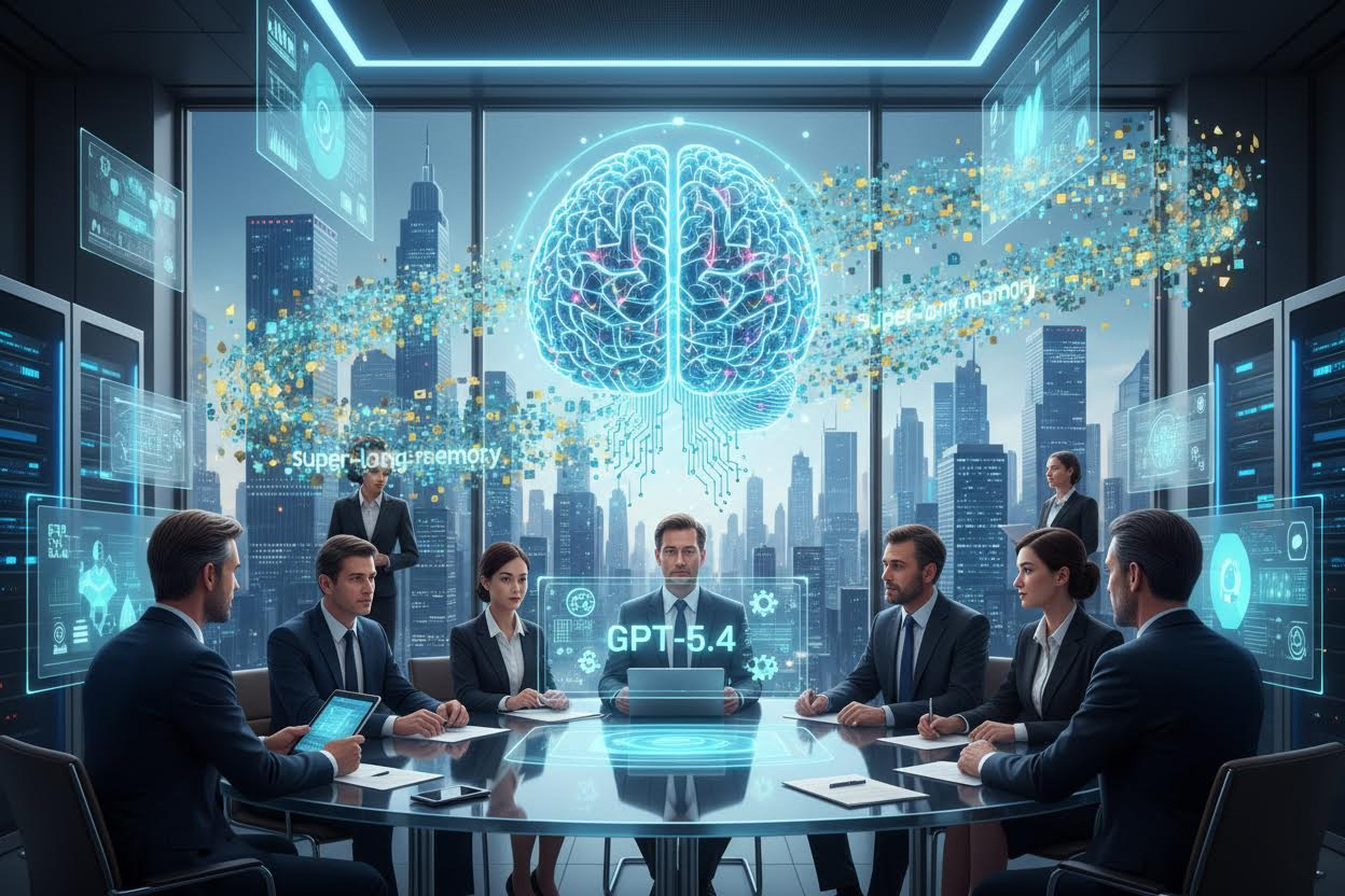 Editorial section illustration for "Контекст 2 миллиона токенов: Эра «сверхдлинной памяти»" in context of "GPT-5.4: Революция в профессиональном ИИ. Обзор нововведений". Subject-focused composition, realistic business environment, crisp details, natural contrast, no text, no watermark, no logo, no empty background, 16:9.