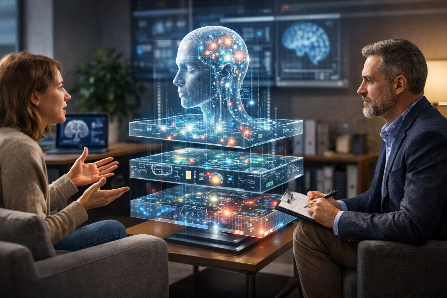 Editorial section illustration for "Суть инновации: Что такое Cognitive Layer?" in context of "AI в психотерапии: когнитивный слой побил эффективность живых терапевтов". Subject-focused composition, realistic business environment, crisp details, natural contrast, no text, no watermark, no logo, no empty background, 16:9.