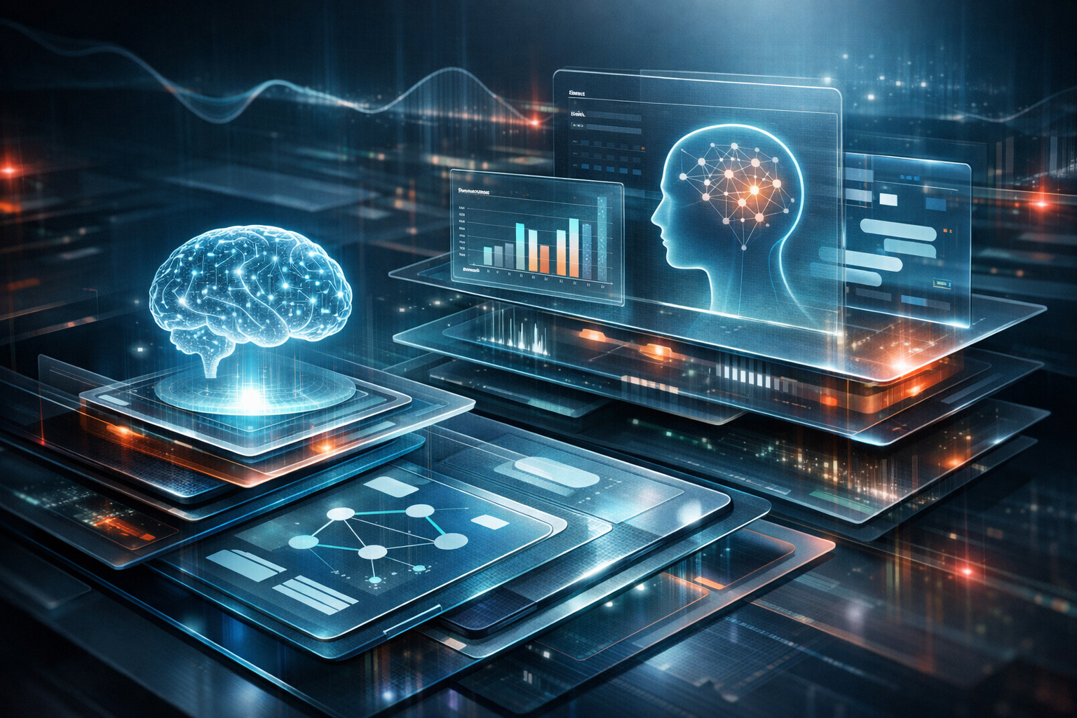 A diverse business team collaborates on projects in a modern office setting, using technology and notes.