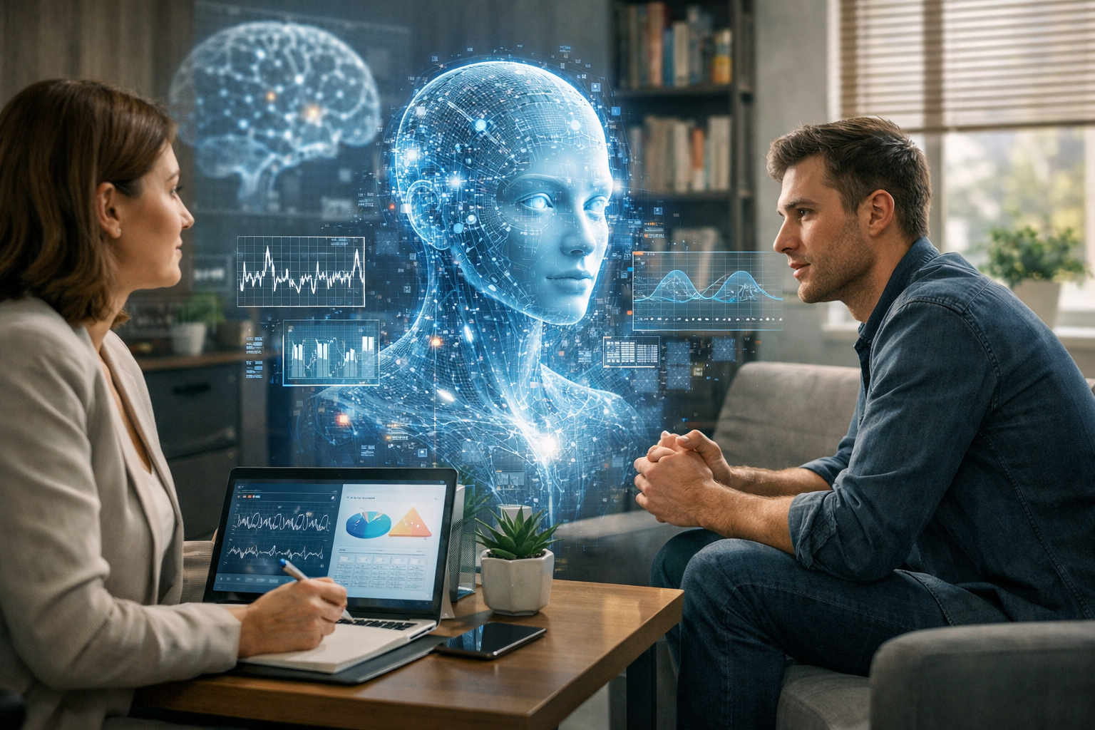 Editorial section illustration for "Что такое когнитивный слой и как он работает" in context of "Когнитивный слой: AI побеждает депрессию в терапии". Subject-focused composition, realistic business environment, crisp details, natural contrast, no text, no watermark, no logo, no empty background, 16:9.